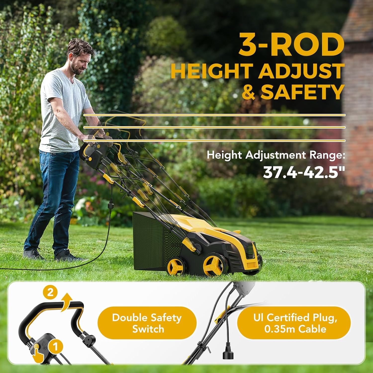 EVEAGE 16 Inch 2-in-1 Electric Dethatcher and Scarifier 5-Position Depth Adjustment,Lawn Dethatcher with 15 Amp Copper Motor, Removeable 14.5-Gal Collection Large Capacity Bag,Quick-Fold,Yellow