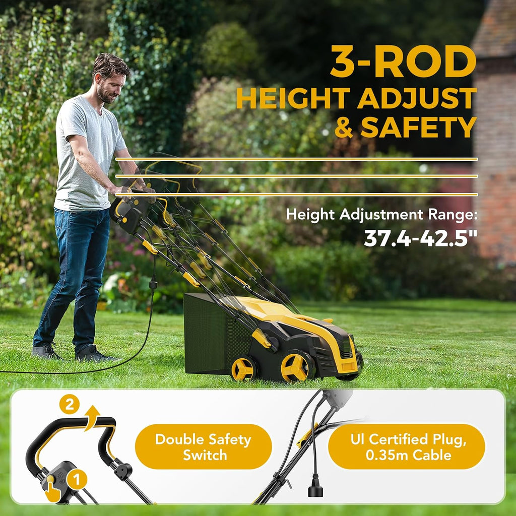 EVEAGE 16-Inch 15 Amp Electric Corded Dethatcher & Scarifier, 5-Position Depth Adjustment, 14.5gal Collection Bag, Increases Lawn Health, EDS16S-A