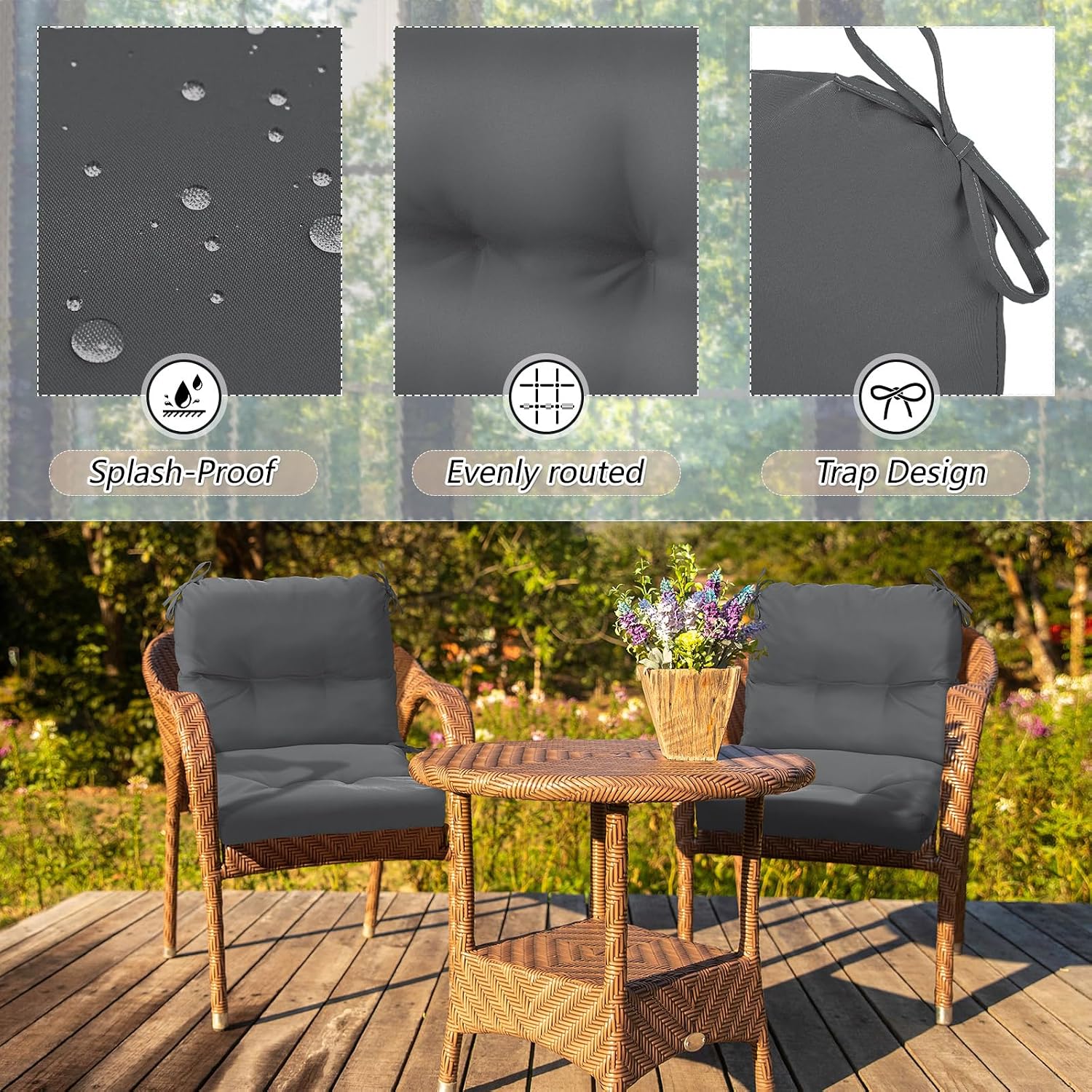 Geetery Outdoor Chair Cushions Set of 4 High Back Patio Furniture Replacement Seat Pads with Ties 42x21x4' for Lawn Porch Wicker Rocking Dining Chairs Weather Resistant Fade Resistant(Dark Gray)