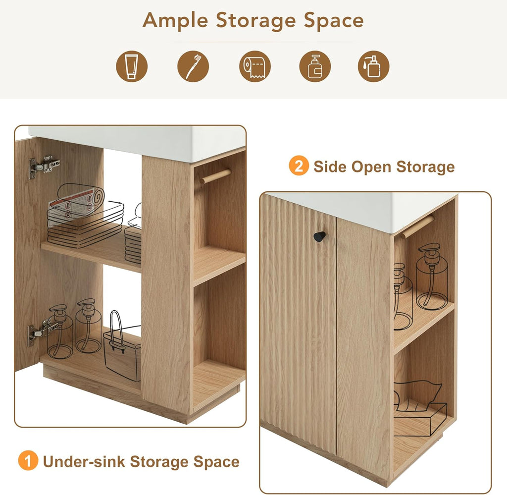 21.6-inch Bathroom Vanity with Reversible Sink, Free-Standing Single Storage Cabinet with One Left Door and Side Open Shelf, Vanity with Ceramic Basin for Bathroom (Wood)