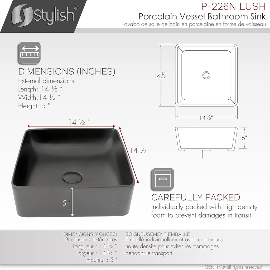 Stylish Vessel Sink 14.5 x 14.5 Inch Square Porcelain Over the Counter Black Bathroom Sink Enamel Glaze Finish Smooth and Stain Resistant Non Porous Surface, P-226N