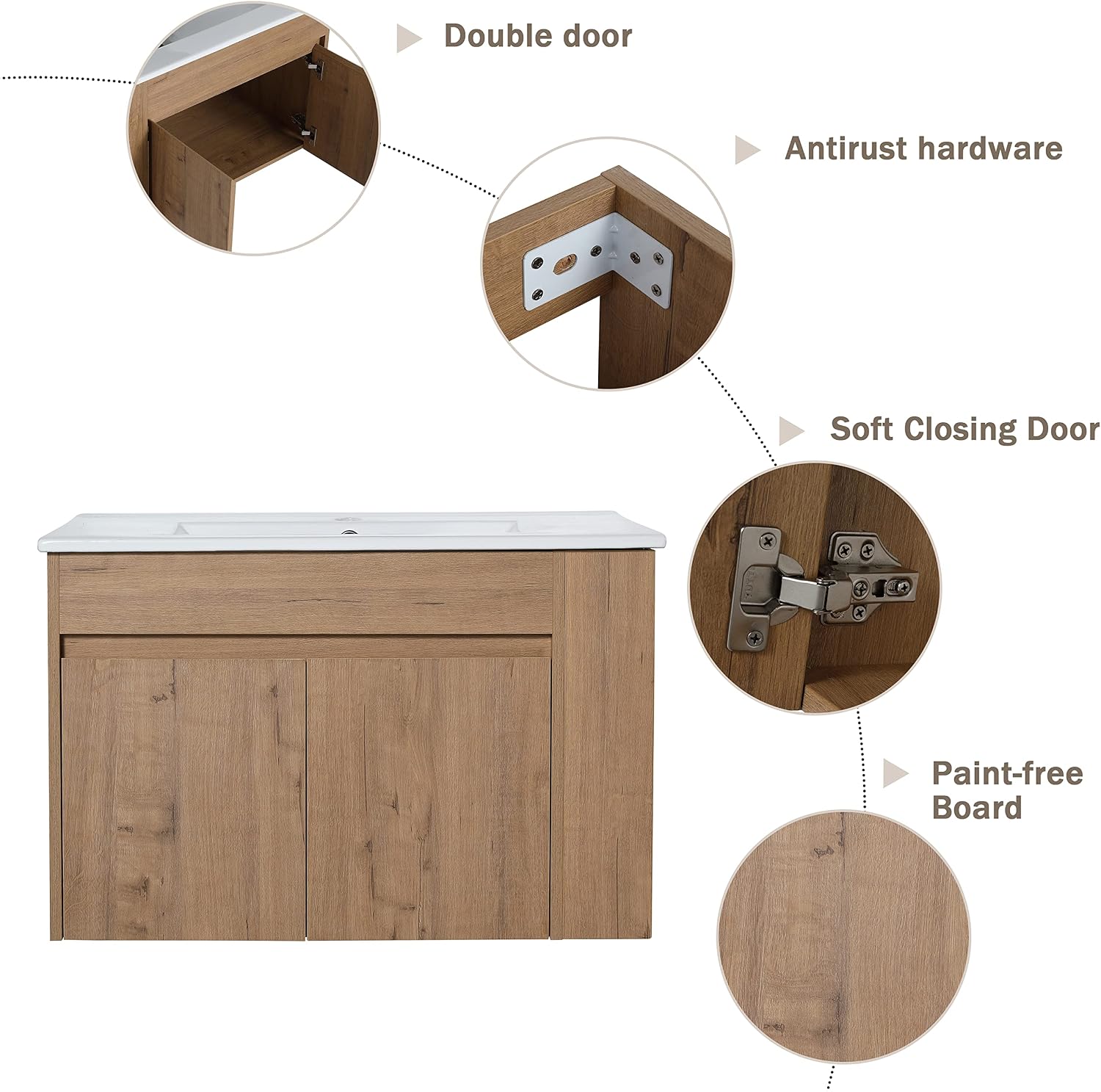 30' Bathroom Vanity with Sink, 30 Inch Floating Vanity with Soft-closing Door, Modern Single Sink Bathroom Vanity Combo, Brown Wall Mounted Cabinet Set with Open Shelf (IMO-027, 30''W x 18''D)