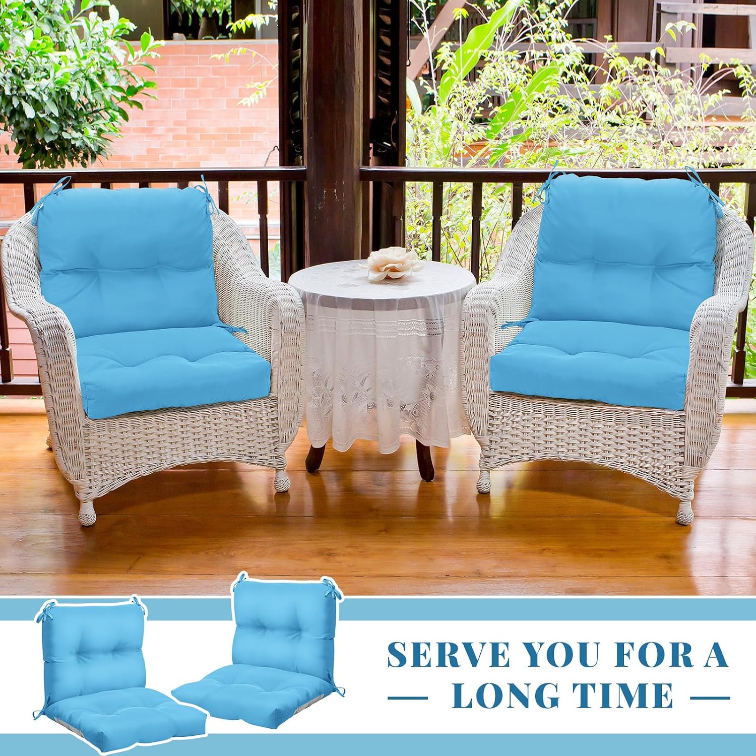 Geetery Outdoor Chair Cushions Set of 4 High Back Patio Furniture Replacement Seat Pads with Ties 42x21x4' for Lawn Porch Wicker Rocking Dining Chairs Weather Resistant Fade Resistant (Lake Blue)