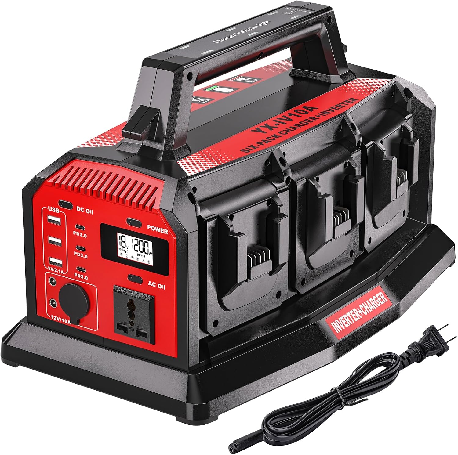 1200W Power Inverter & 6A Rapid Charger for Milwaukee 18V Battery 6-Port DC to AC 110V Converter, 12V Car Socket,3 USB-A/C, LED Light for Camping, Travel, Emergencies