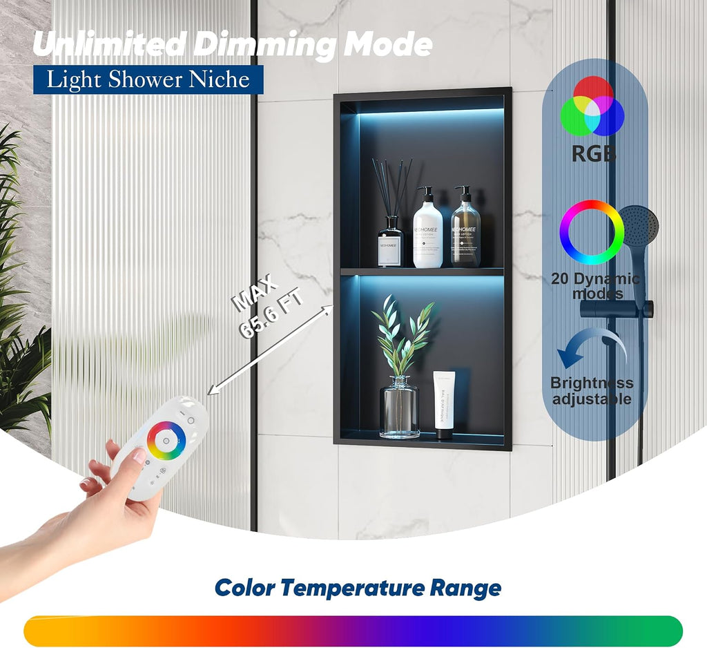2-Tiers 12x24 Shower Niche, RGB LED Light Strips, Matte Black Wall Cabinet Shlef, Stainless Steel NO Tile Needed Recessed Wall Niche for Bathroom Storage Organizer
