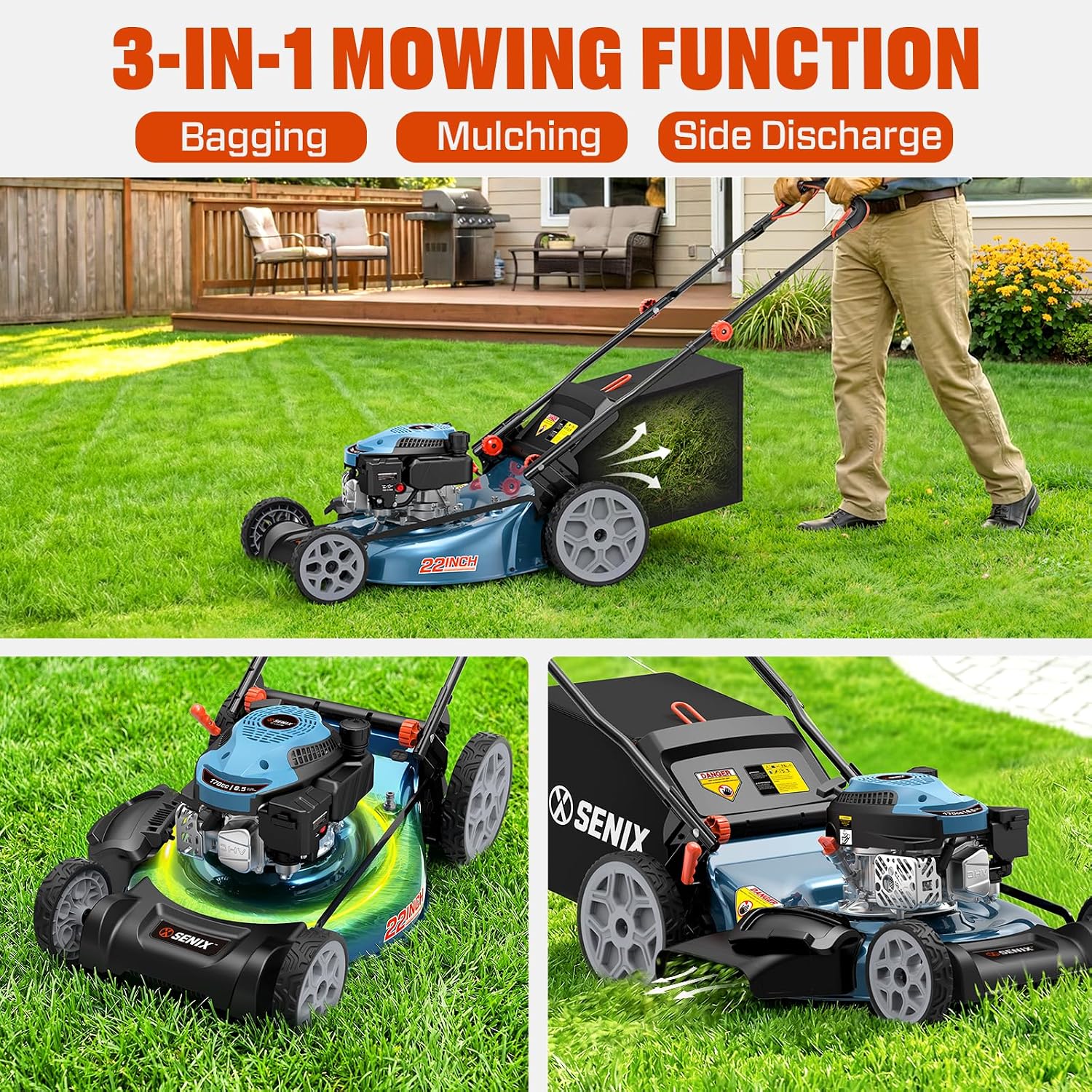 SENIX 22 Inch 3-in-1 Gas Lawn Mower, 201cc Rear Wheel Single Speed Self-Propelled Mower, 4-Cycle Engine, Steel Deck, Mulching, Bagging, Discharging, 6-Position Cutting Height Adjustable, for Yard