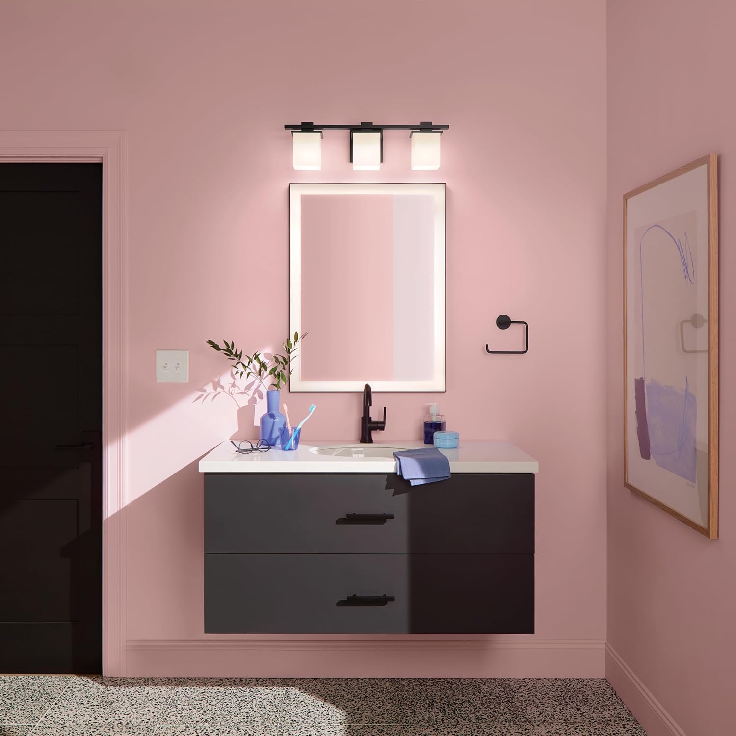 Kichler Tully 24' 3-Light Bathroom Vanity Light Fixture with Satin Etched Cased Opal Glass in Black for Over Mirror, Soft Modern Style (24' x 6.5' x 7'), 45151BK