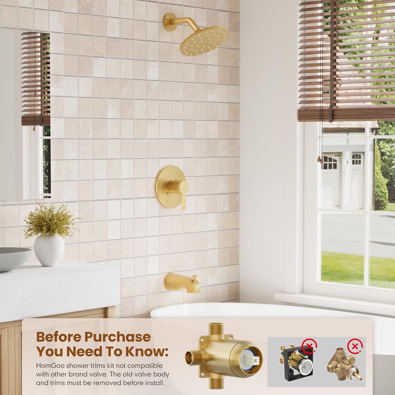 Tub Shower Faucet, Gold Shower Faucet Set with 6-Inch All-Metal Rainfall Showerhead and Bathtub Spout, Single-Handle Tub Shower-Trim Kit Included Valve, Brushed Gold