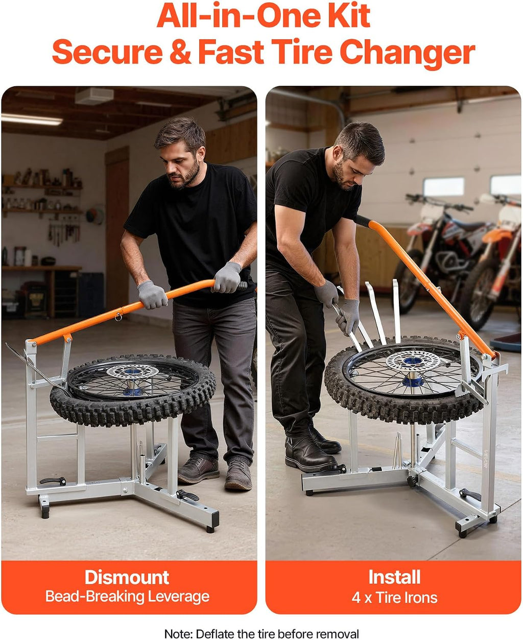VEVOR Dirt Bike and Dual Sport Tire Changer, Fits for 16'-21' Wheels, 15/17/20/25 mm Axles, Heavy Duty Dirt Bike Tire Changing Tool Kit with Bead Breaker, Irons, Protective Sleeves, and Storage Bag