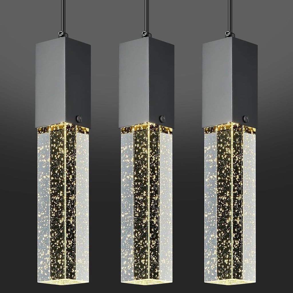 Modern Crystal Pendant Lights - Dimmable LED 4500K Black Hanging Light Fixture for Kitchen Island & Bedroom, Mini Bubble Design, 3 Pack
