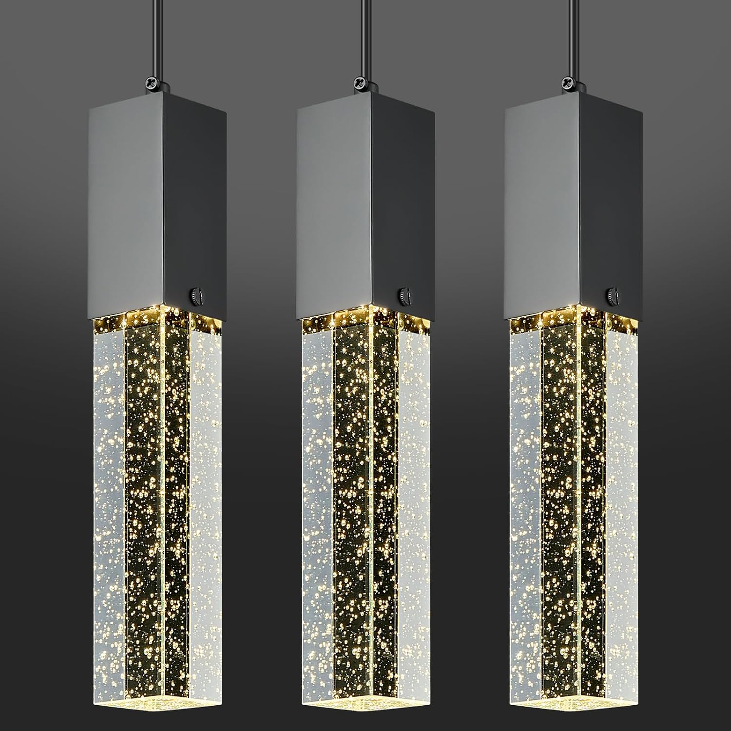 Modern Crystal Pendant Lights - Dimmable LED 4500K Black Hanging Light Fixture for Kitchen Island & Bedroom, Mini Bubble Design, 3 Pack