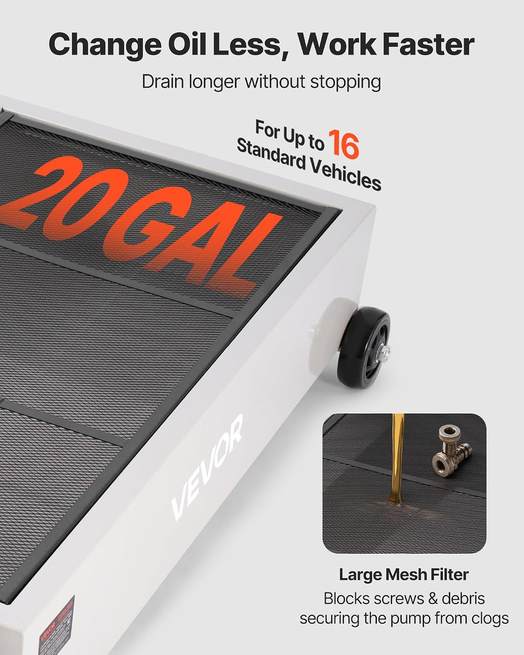 VEVOR Low Profile Electric Oil Drain Pan, 20 Gal Capacity, Rolling Oil Drain Pan with 110V High-Flow Pump, 7.2 ft Hose & T Folding Handle, Leak-proof & Corrosion-resistant, Fit for Trucks, ATVs, White