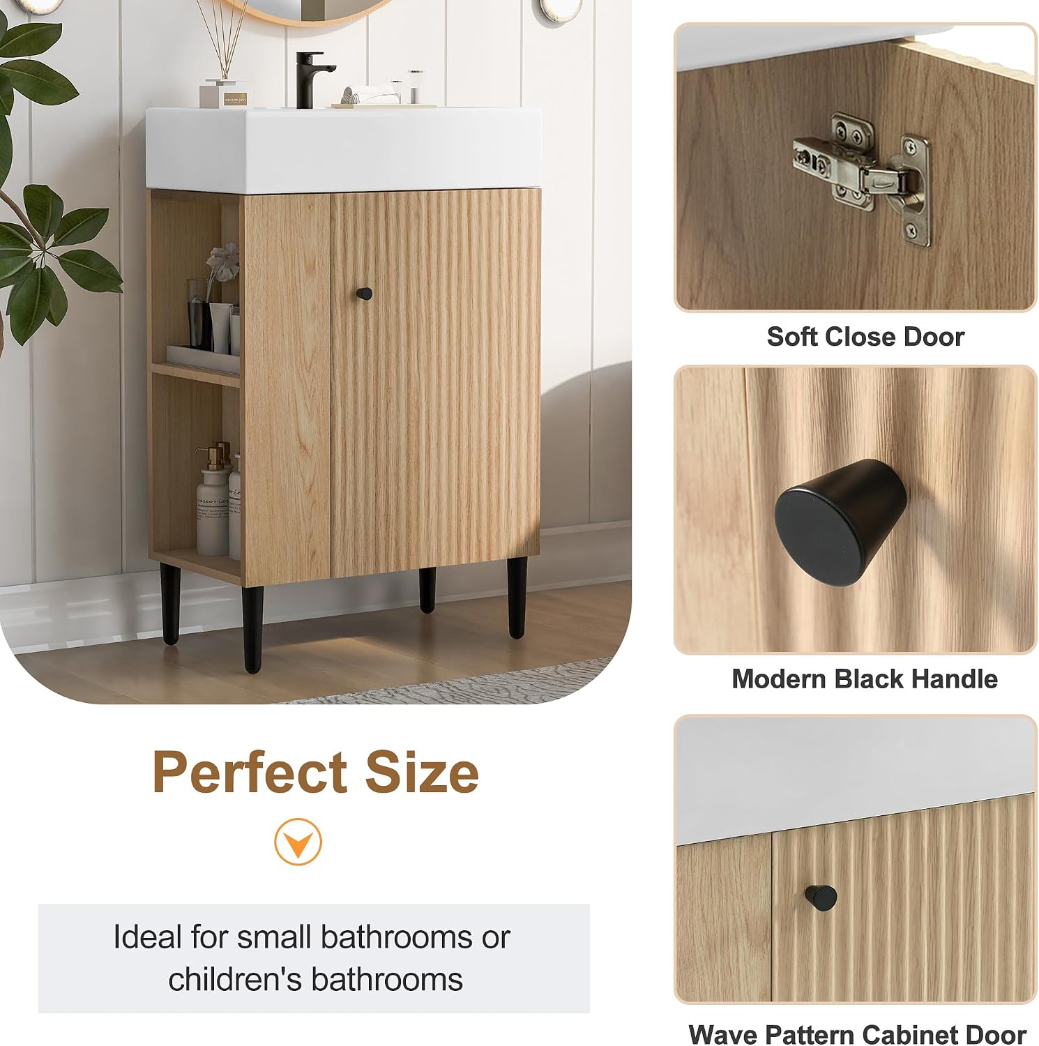 Merax 20 Inch Bathroom Vanity with Sink, Narrow Depth Bathroom Vanities,Wood Vanity Cabinet,Soft Closing Door,Freestanding Sink Cabinet W/Open Side Shelves, Oak