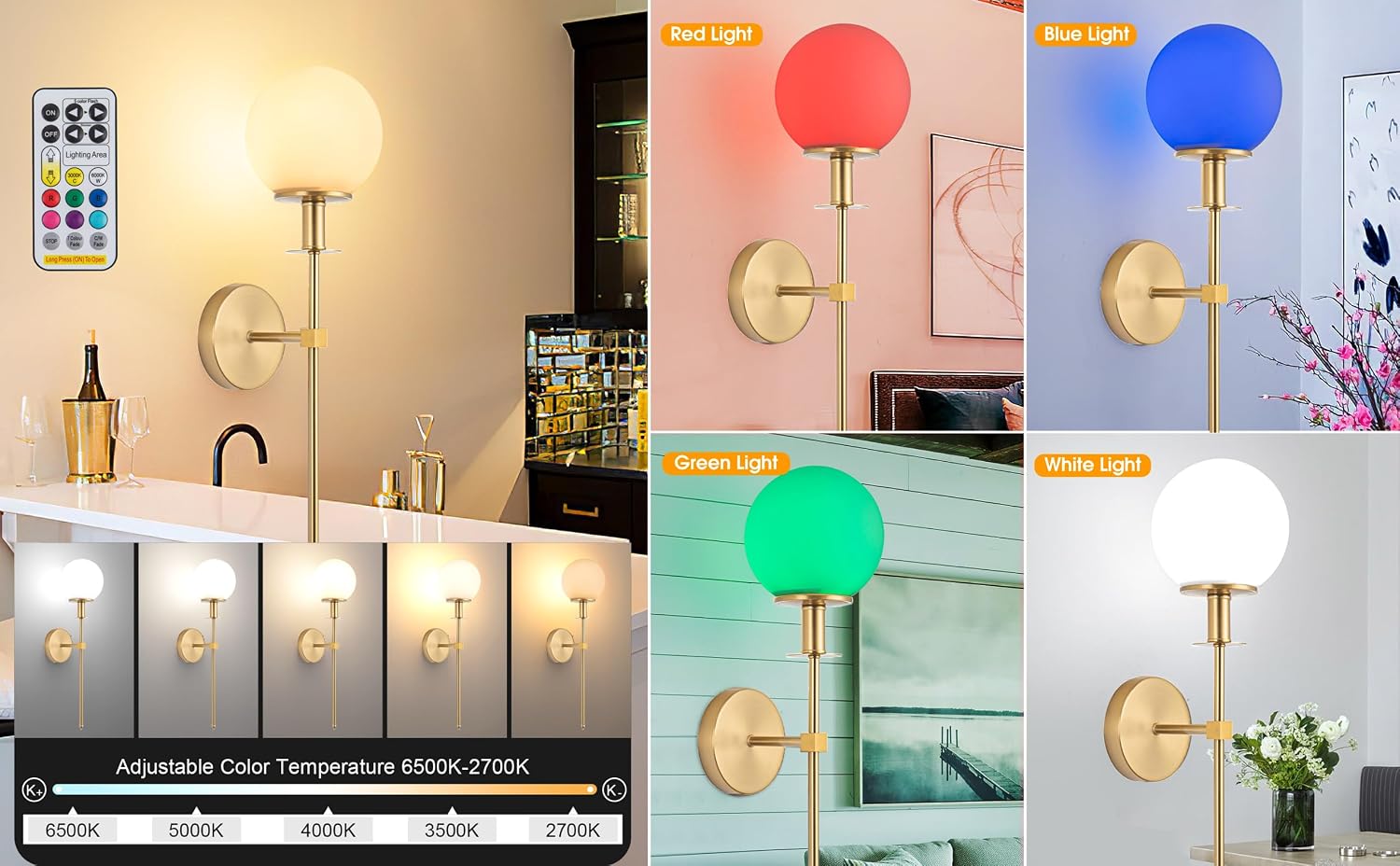 Wall Sconces Set of 2, Modern Globe Glass Shade, not Hardwired Brass Fixture Lighting (Gold-06)