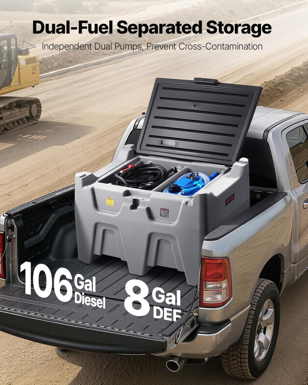 VEVOR Diesel Tank, Separated 106 Gal Diesel & 8 Gal DEF Storage Tank, Leakproof Transfer Tanks with Pump & 13 Ft Hose, 10 GPM Flow Rate, Gas Storage Tanks for Easy Transportation