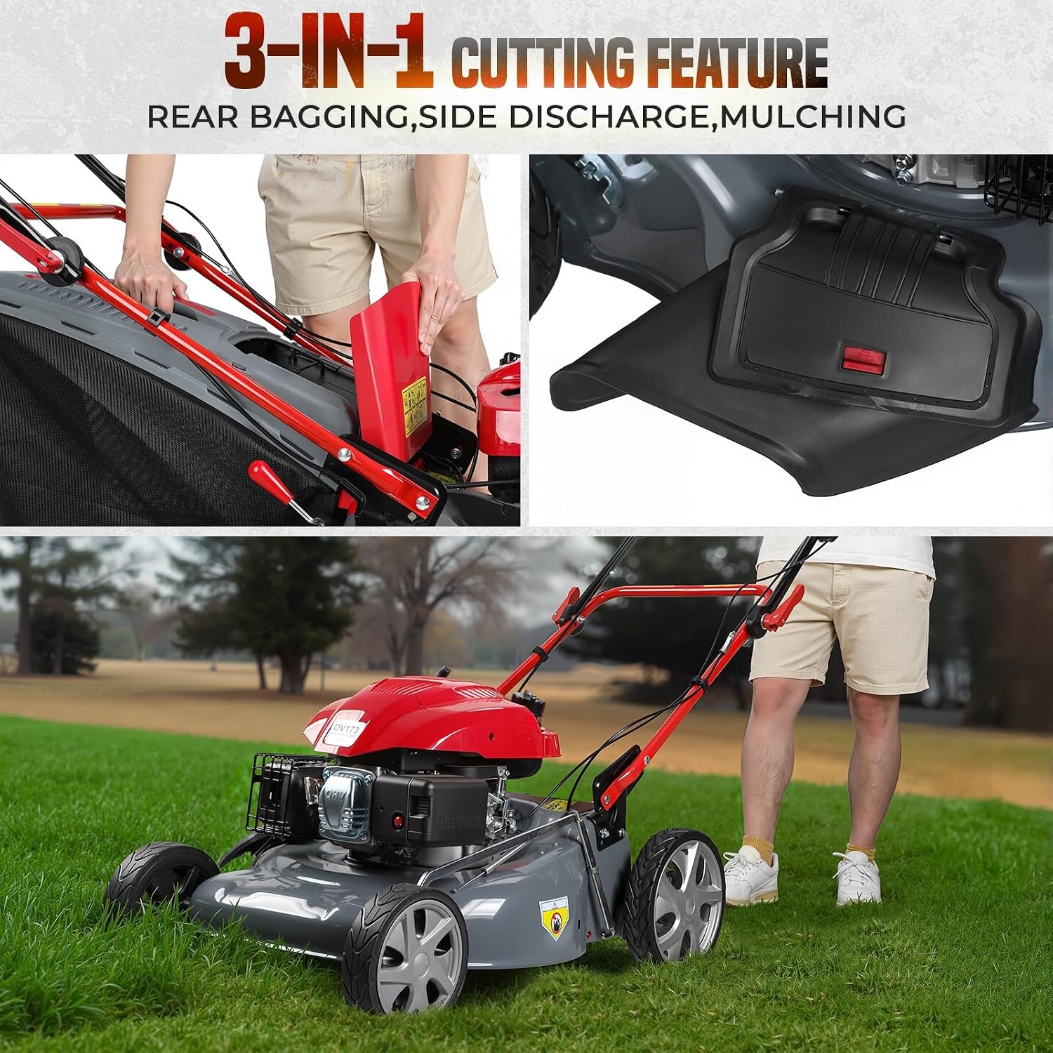 21 Inch Foldable Self Propelled Lawn Mower, 3-in-1 Gas Lawnmower with 173cc 4-Cycle Engine, Bagging, Mulching and Side Discharge, Adjustable 8-Positions Cutting Height, Easy Start Red