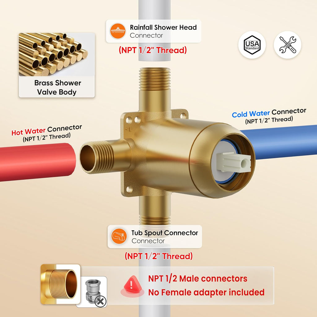 Tub Shower Faucet, Gold Shower Faucet Set with 6-Inch All-Metal Rainfall Showerhead and Bathtub Spout, Single-Handle Tub Shower-Trim Kit Included Valve, Brushed Gold