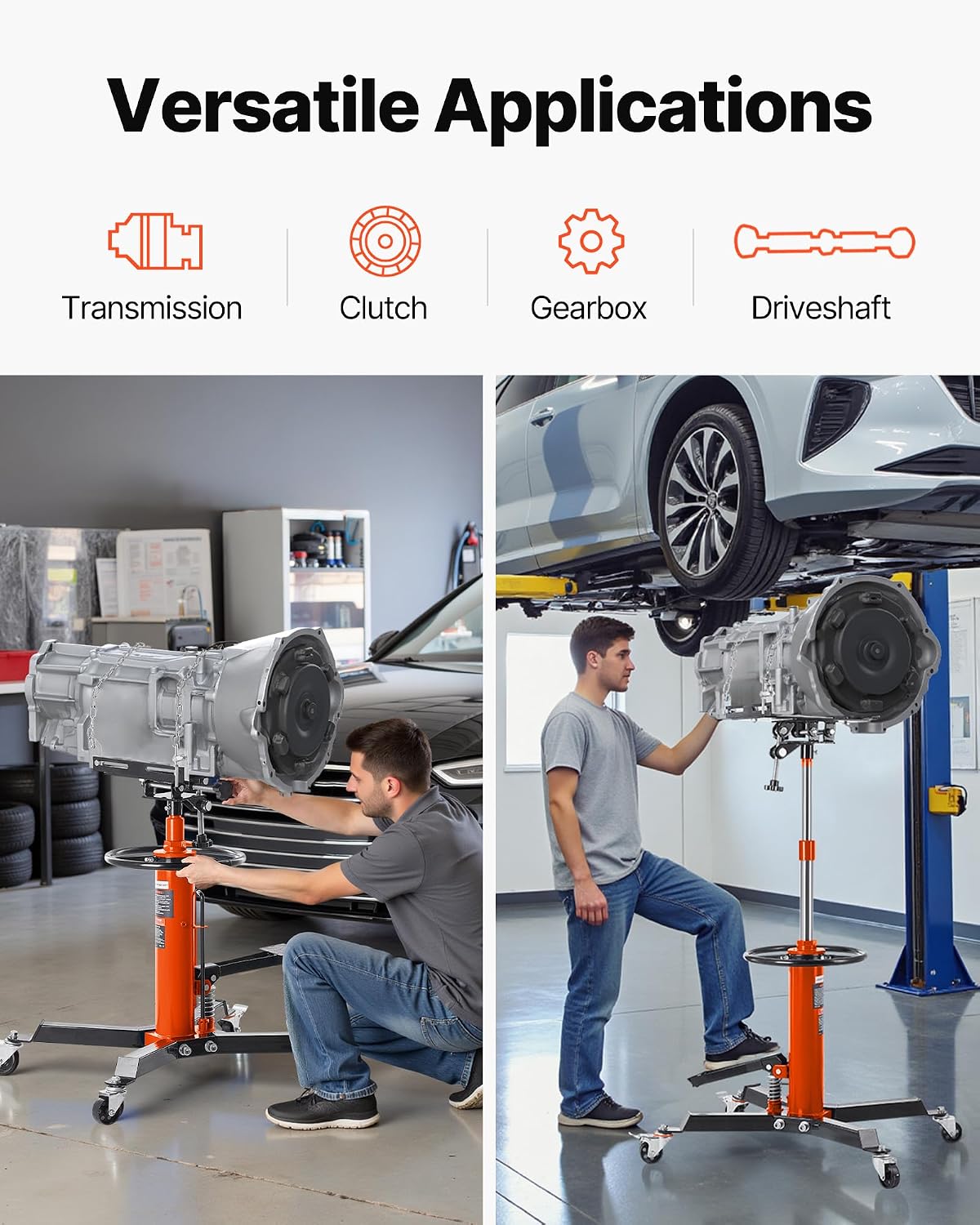 VEVOR Transmission Jack,1/2Ton/1100lbs Capacity Hydraulic Telescopic Transmission Jack, 2-Stage with Foot Pedal, 360° Swivel Wheel, Garage/Shop Lift Hoist, Orange