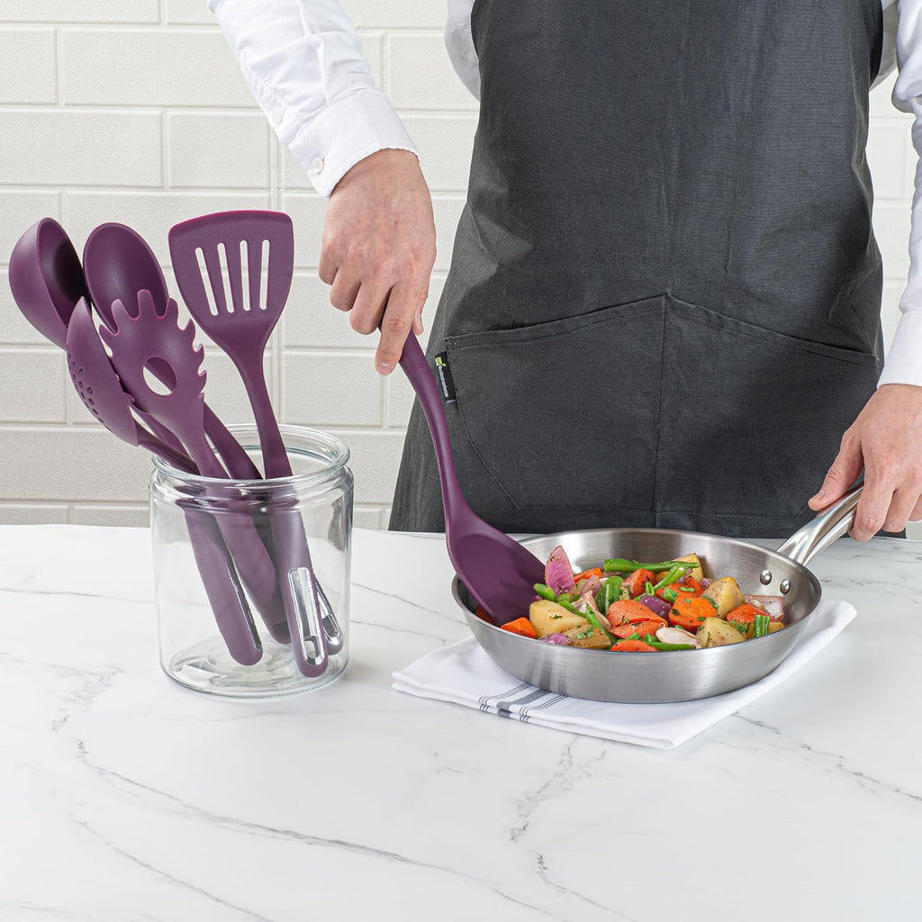 Restaurantware Silicone Utensil Set Pack of 10 Non-Slip Handle 6-Piece Kitchen Tool Set, Heat-Resistant Dishwasher-Friendly Cooking Accessories, Durable Purple Cooking Utensils