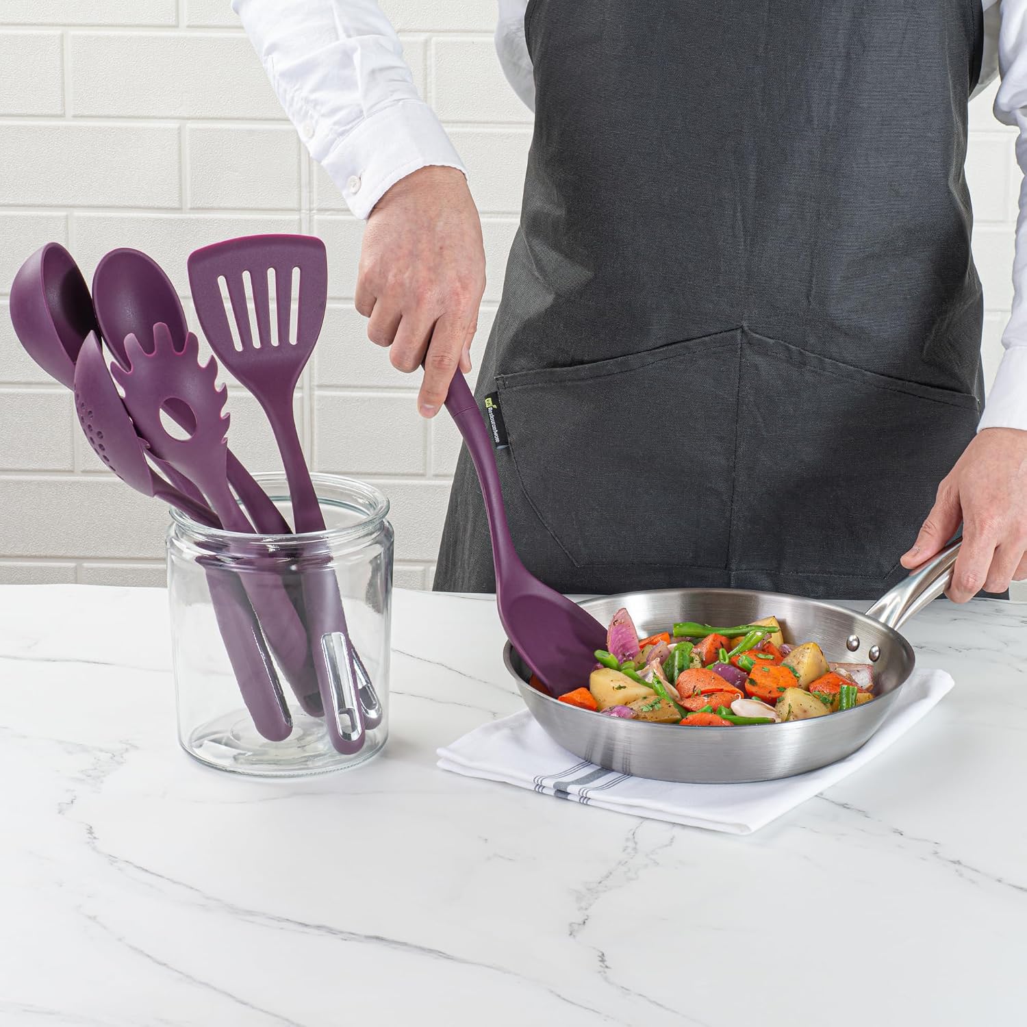 Restaurantware Silicone Utensil Set Pack of 10 Non-Slip Handle 6-Piece Kitchen Tool Set, Heat-Resistant Dishwasher-Friendly Cooking Accessories, Durable Purple Cooking Utensils