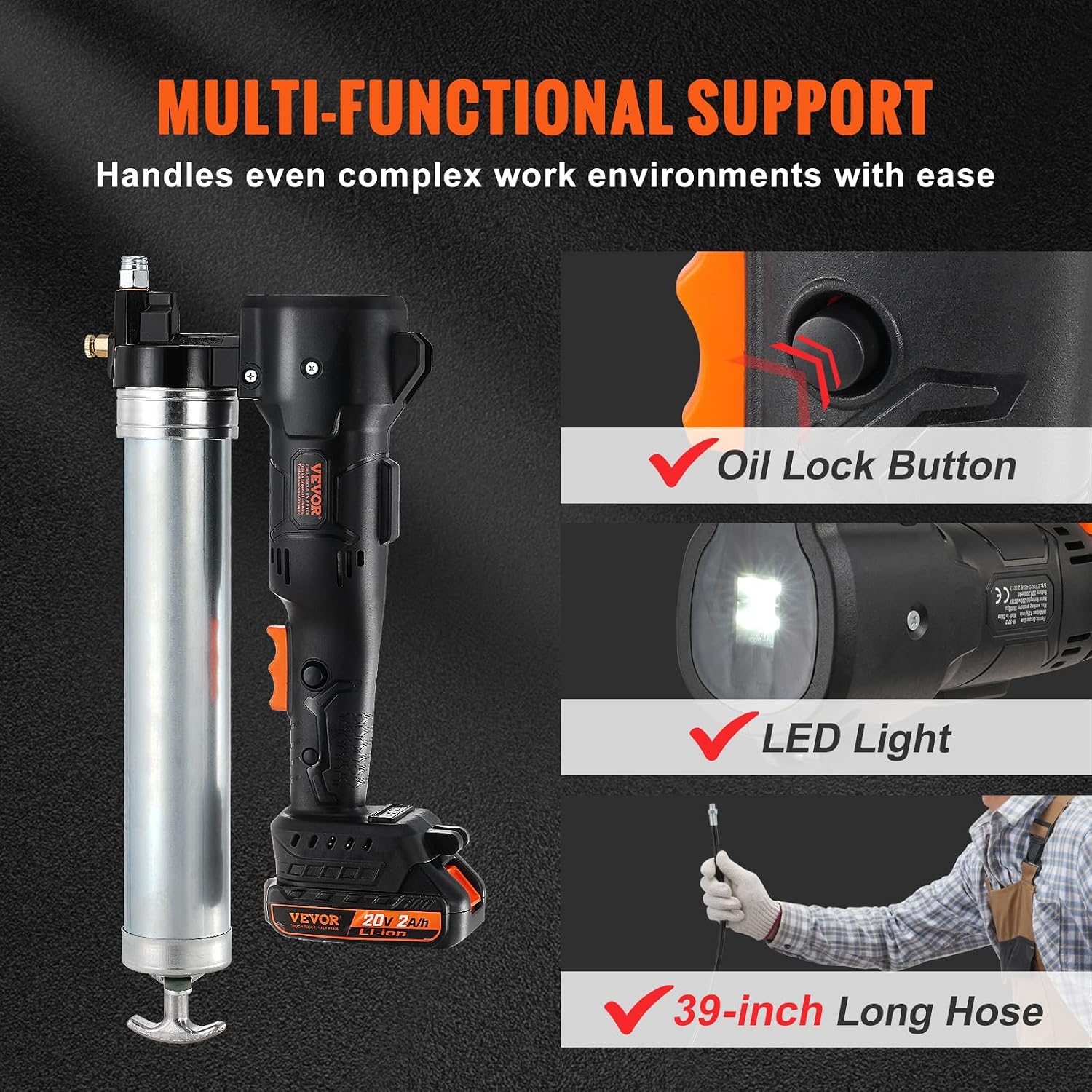 VEVOR Cordless Grease Gun, 20-Volt, 10,000 PSI, 39' Long Hose, Electric Grease Gun Kit Professional High Pressure Battery Powered Grease Gun with Carrying Case, Two Batteries & Charger Included, Black
