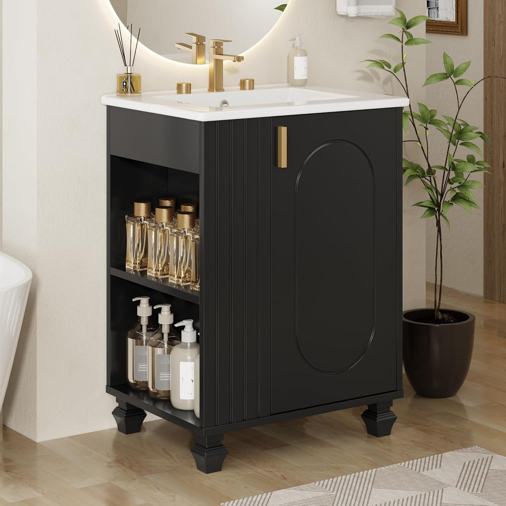 24-inch Bathroom Vanity with Sink Combo, Free-Standing Single Storage Cabinet with Door Shelf, Side Open Storage, and Cabinet, Vanity with Ceramic Basin for Bathroom (Black)