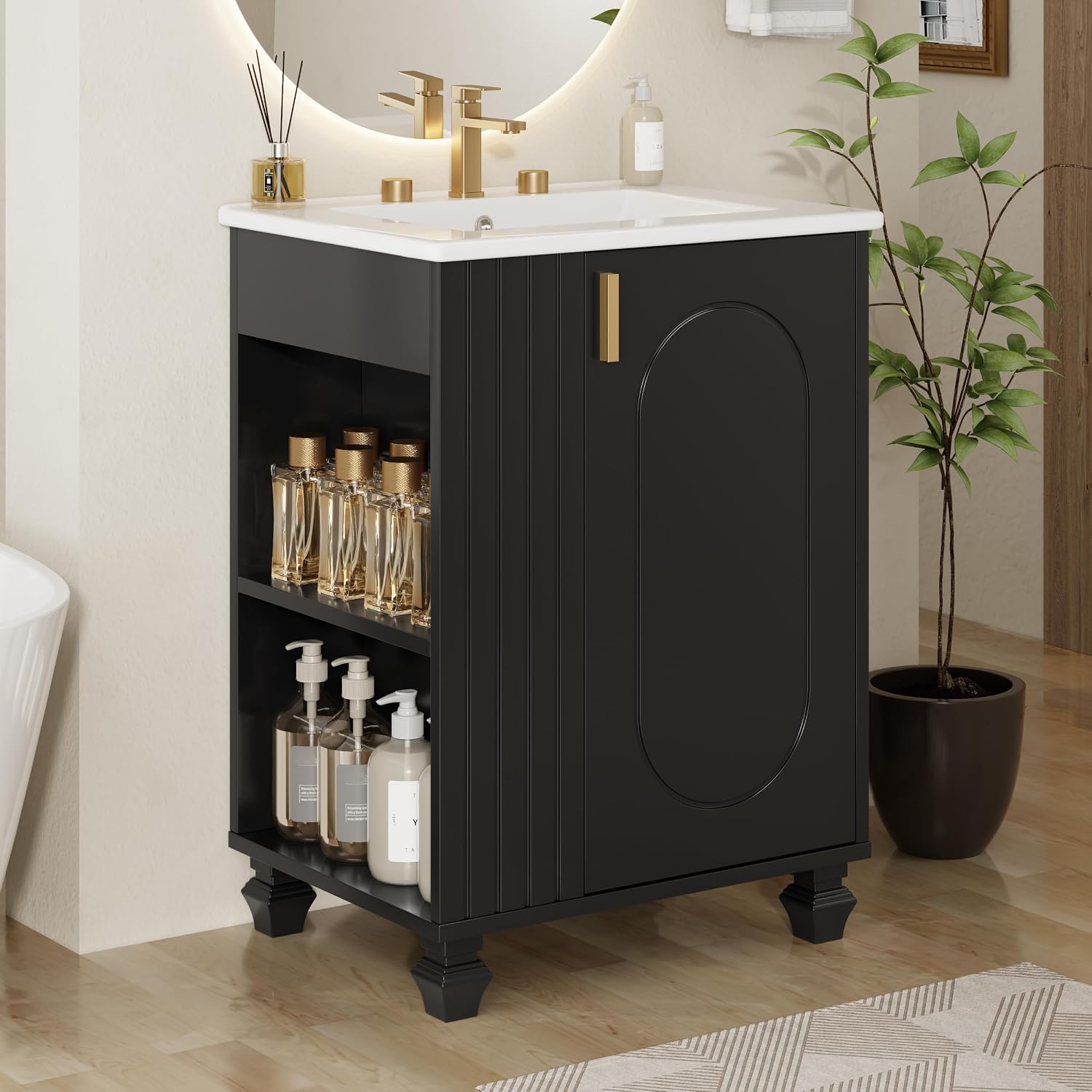 24-inch Bathroom Vanity with Sink Combo, Free-Standing Single Storage Cabinet with Door Shelf, Side Open Storage, and Cabinet, Vanity with Ceramic Basin for Bathroom (Black)