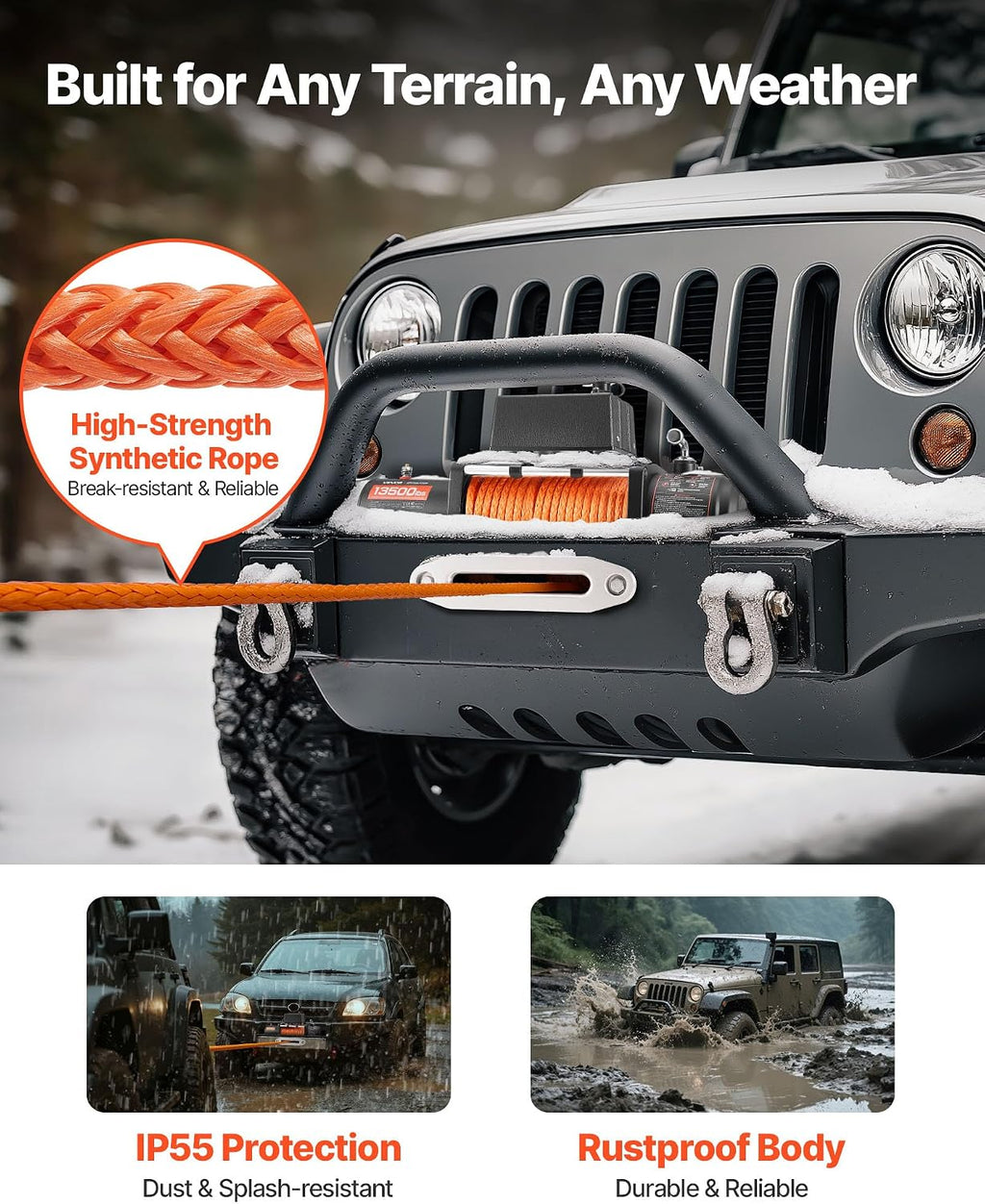 VEVOR 13,500 lb Electric, Truck Winch 12V DC 3/8 in x 80 ft Synthetic Rope Aluminum Fairlead Wireless & Wired Remote Control, 13500 lbs, IP55 Waterproof Towing for Off Road Jeep SUV Boat