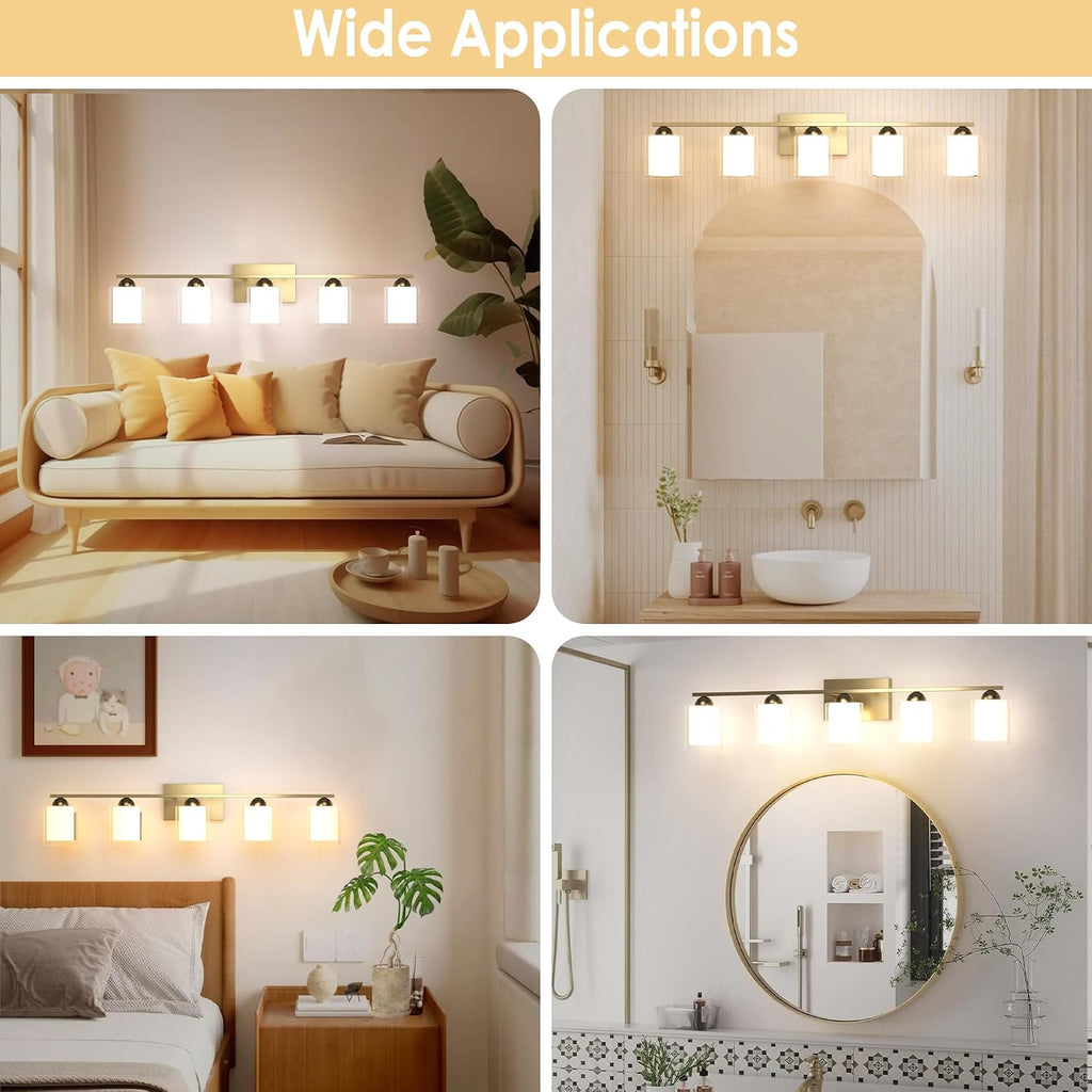 Quntis Gold Bathroom Light Fixtures, 5 Light Modern Vanity Lights Over Mirror, 5 Colors & Stepless Dimmable LED Bathroom Lighting with Milk White Frosted Glass, 33 Inch (Bulbs Included)