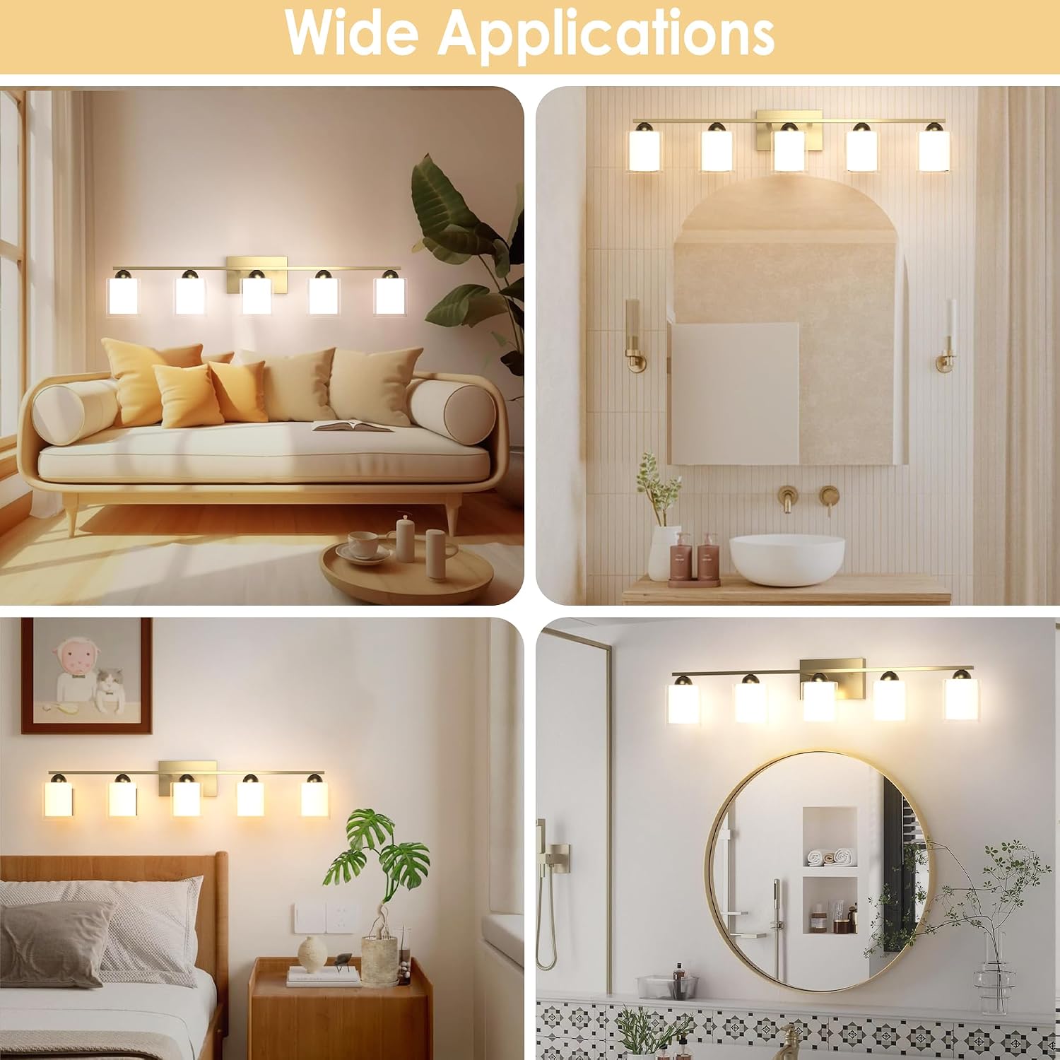 Quntis Gold Bathroom Light Fixtures, 5 Light Modern Vanity Lights Over Mirror, 5 Colors & Stepless Dimmable LED Bathroom Lighting with Milk White Frosted Glass, 33 Inch (Bulbs Included)