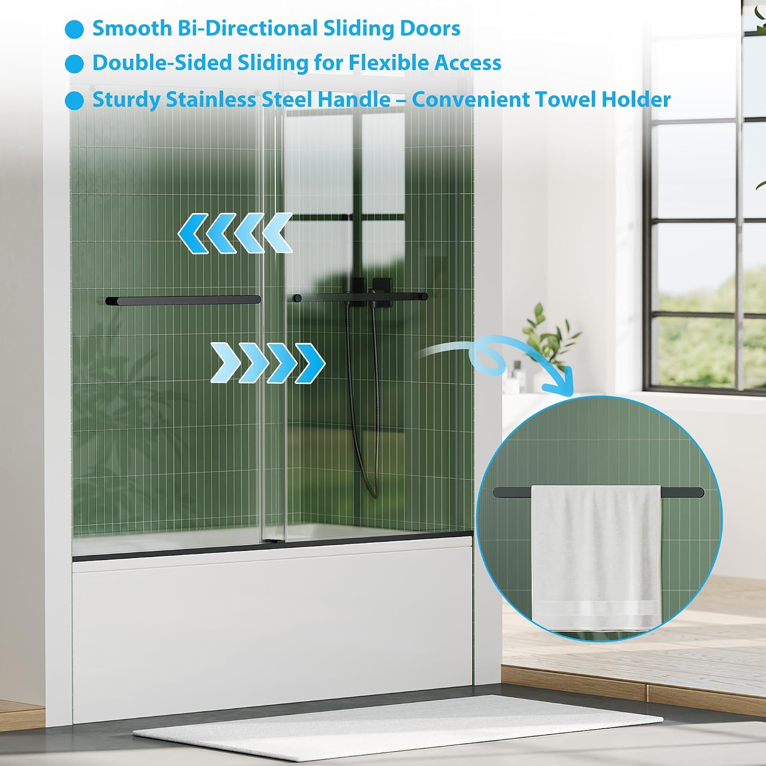 Bathtub Shower Door Glass Sliding 60 Inches,56-60' W x 59' H Frameless Dual Sliding Shower Glass Doors, 6mm Tempered Glass with Stainless Steel Square Rail for Modern Bathroom Matte Black