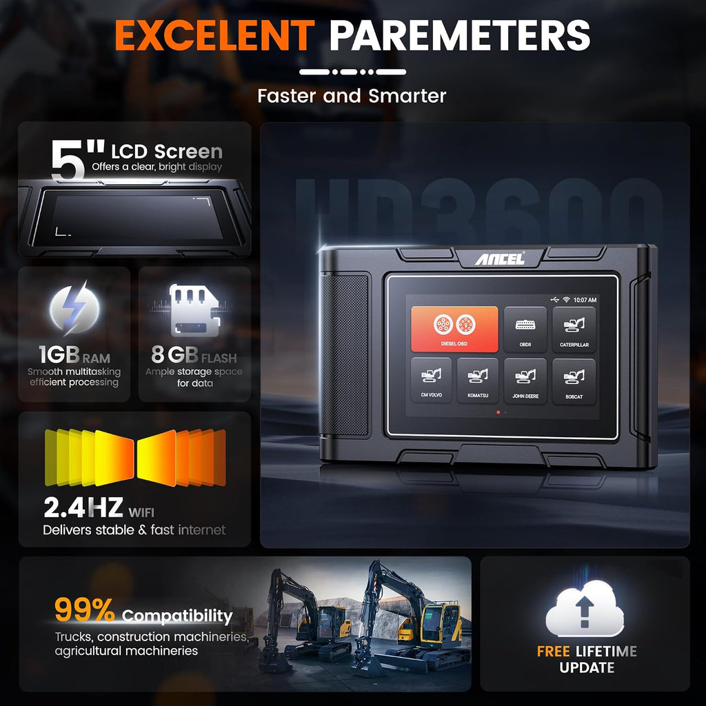 ANCEL HD3600 Heavy Equipment Diagnostic Tool with D-P-F Regen, Full System Heavy Duty Truck Scanner Machinery Scanner Diesel Code Reader Fit for Cummins, Caterpillar, John Deere, Komatsu, Yanmar&Case