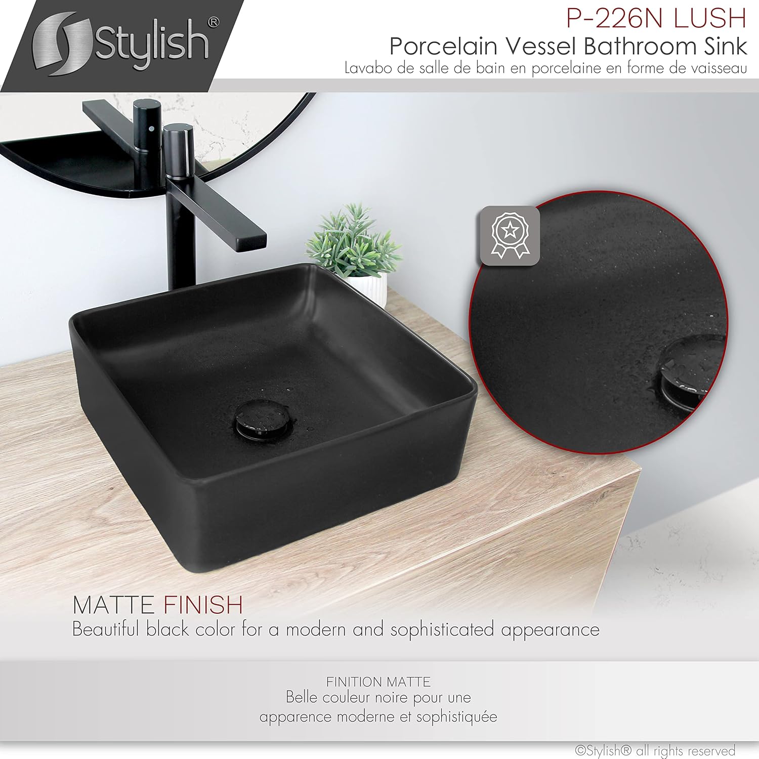 Stylish Vessel Sink 14.5 x 14.5 Inch Square Porcelain Over the Counter Black Bathroom Sink Enamel Glaze Finish Smooth and Stain Resistant Non Porous Surface, P-226N