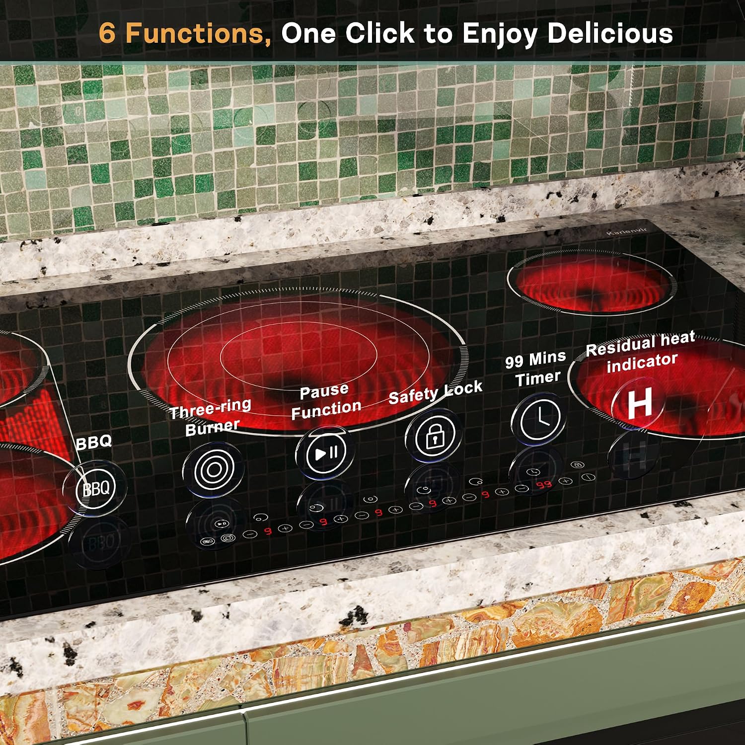 36 Inch Electric Cooktop 5 Burner, Built-in Electric Stovetop with Flexible Bridge & Triple Ring Burner, 9600W Cooktop Electrics with BBQ Burner, Timer, Safety Lock,Pause, 220V-240V Hard Wire