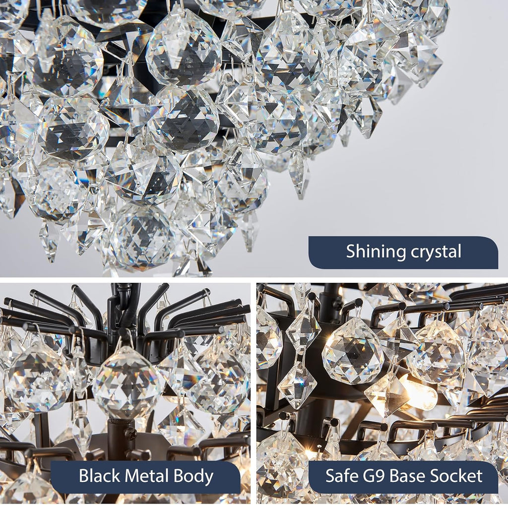 Bestier Black Modern Pendant Chandelier Crystal Raindrop Lighting Ceiling Light Fixture Lamp for Dining Room Bathroom Bedroom Livingroom 4 G9 Bulbs Required D11 in x H12 in