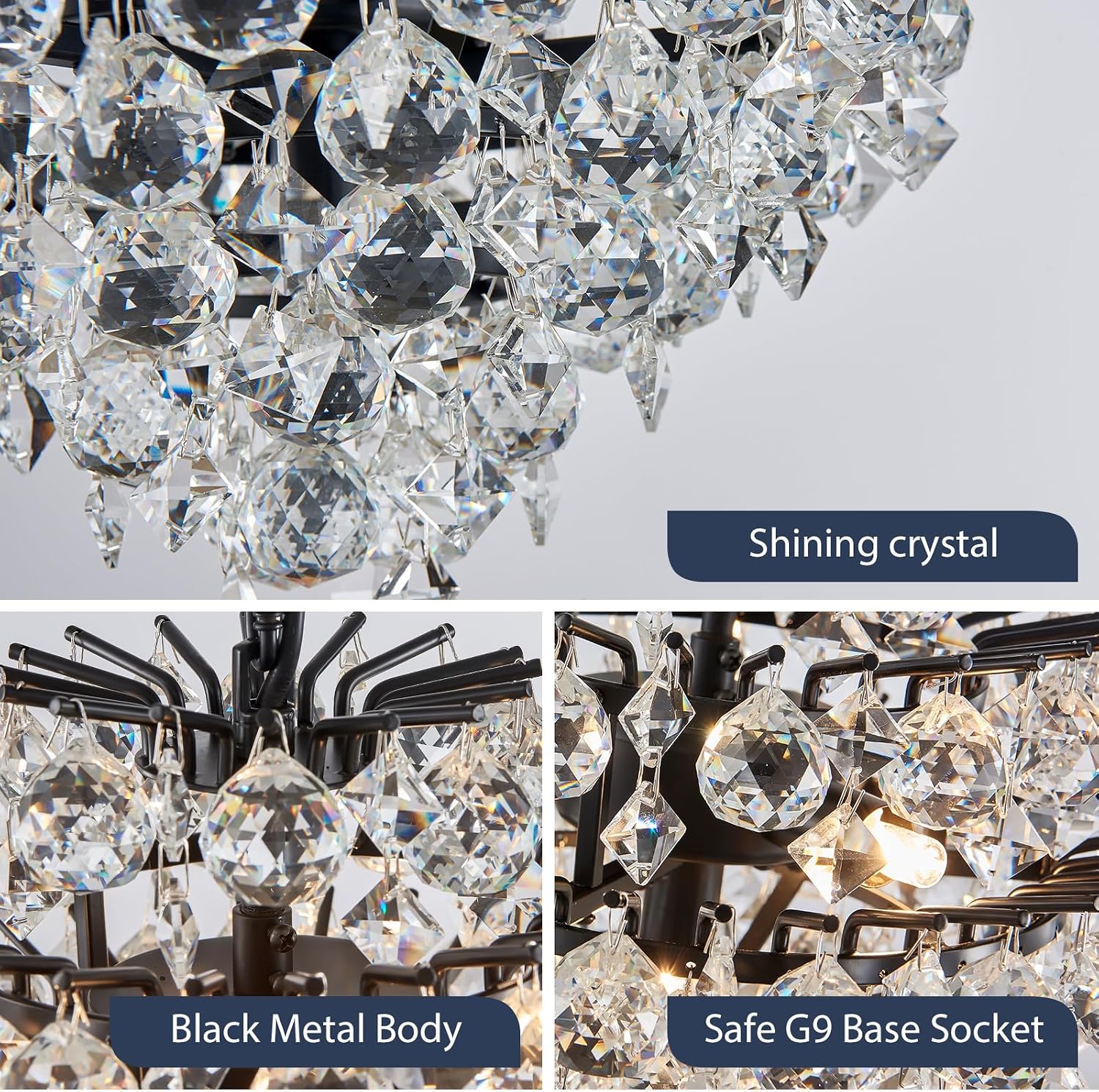 Bestier Black Modern Pendant Chandelier Crystal Raindrop Lighting Ceiling Light Fixture Lamp for Dining Room Bathroom Bedroom Livingroom 4 G9 Bulbs Required D11 in x H12 in