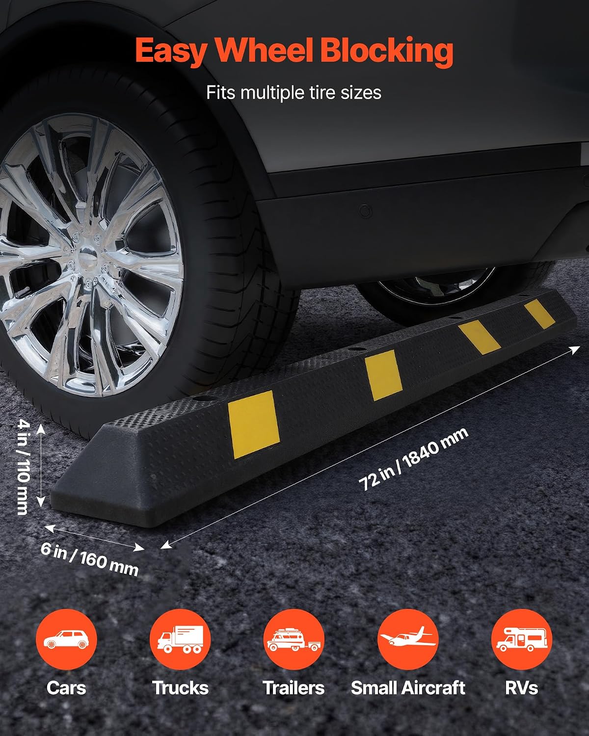 VEVOR Parking Stopper, 72 Inch 2 Pcs Heavy Duty Parking Aid for Garage, Rubber Curb Garage Floor Stopper with Reflective Strips, Aid Gadgets for Cars Vans Trucks Tire Wheel Guide Block Stops Bumpers