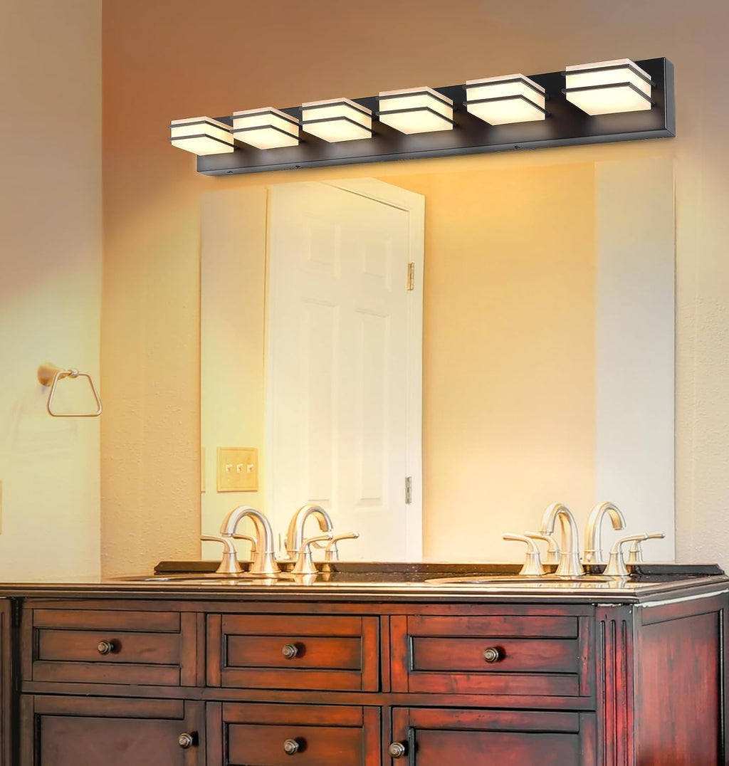 GOODATE 3 Color Temperature Dimmable Vanity Lights for Bathroom, Black 6 Light Vanity Light Fixtures, Acrylic Stainless Steel Square Shade Light Fixtures for Bathroom Above Mirror, ETL Certificated