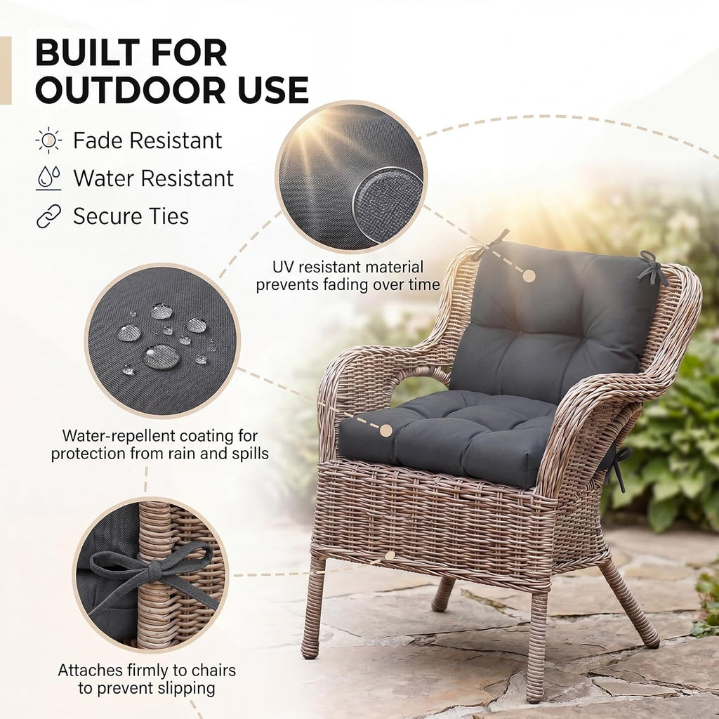 Geetery Outdoor Chair Cushions Set of 4 High Back Patio Furniture Replacement Seat Pads with Ties 42x21x4' for Lawn Porch Wicker Rocking Dining Chairs Weather Resistant Fade Resistant(Dark Gray)