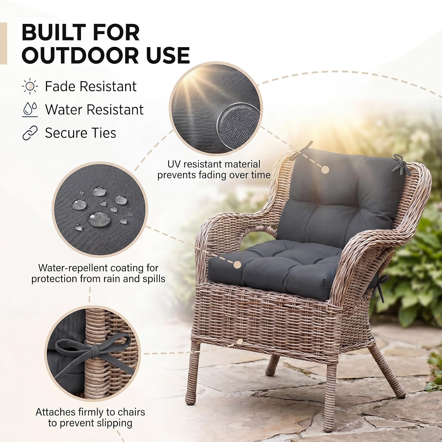 Geetery Outdoor Chair Cushions Set of 4 High Back Patio Furniture Replacement Seat Pads with Ties 42x21x4' for Lawn Porch Wicker Rocking Dining Chairs Weather Resistant Fade Resistant(Dark Gray)