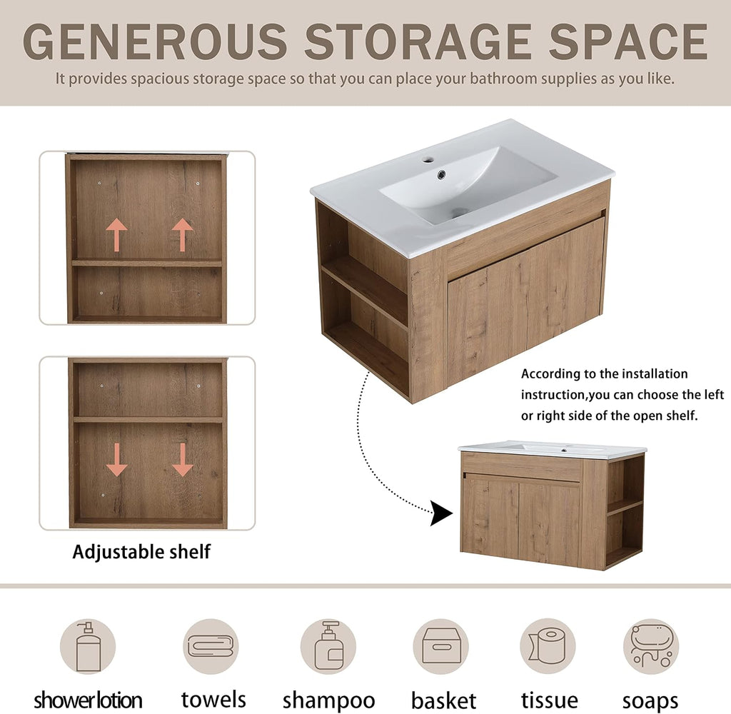 30' Bathroom Vanity with Sink, 30 Inch Floating Vanity with Soft-closing Door, Modern Single Sink Bathroom Vanity Combo, Brown Wall Mounted Cabinet Set with Open Shelf (IMO-027, 30''W x 18''D)