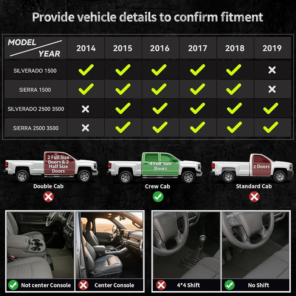 OEDRO Floor Mats Fit for 2014-2018 Silverado/Sierra 1500, 2015-2019 2500HD/3500HD Crew Cab, with 1st Row Bench Seat, Black TPE All-Weather Guard Includes 1st and 2nd Row: Full Set Liners