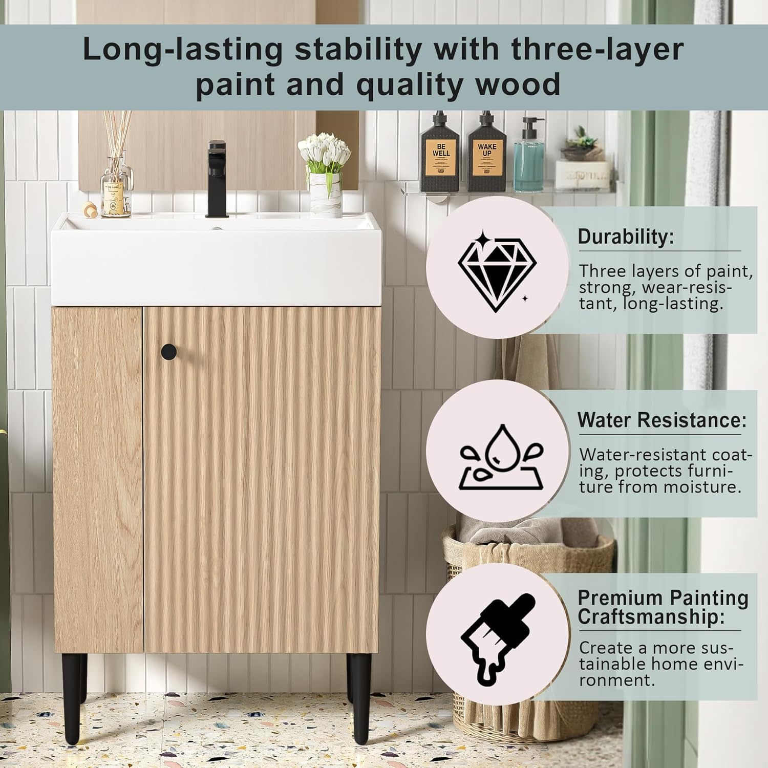Merax 20 Inch Bathroom Vanity with Sink, Narrow Depth Bathroom Vanities,Wood Vanity Cabinet,Soft Closing Door,Freestanding Sink Cabinet W/Open Side Shelves, Oak