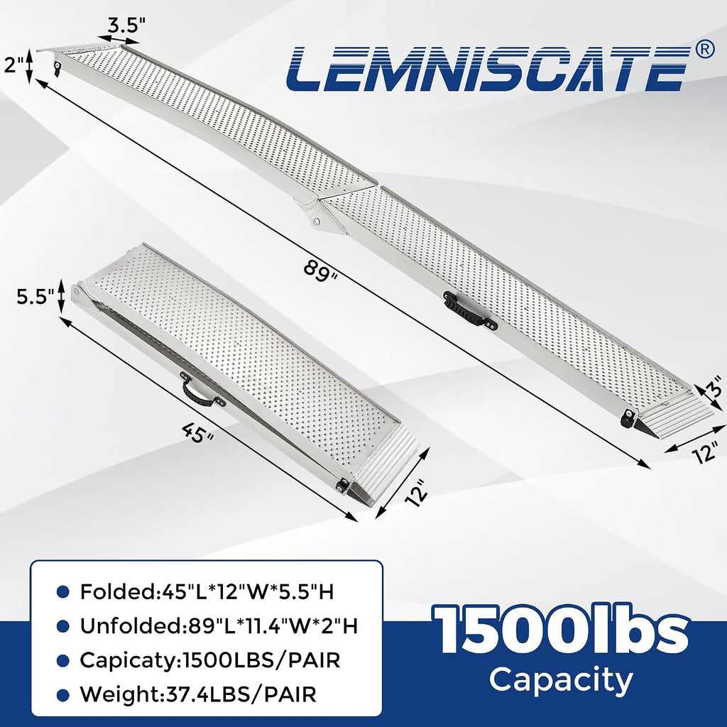 Aluminum Truck Ramps for ATV, UTV, Lawn Mower, Pickup Trucks - 1500LB Capacity 7.5FT Heavy Duty Loading Ramps with Handle & Buckle, Silver, 2PCS