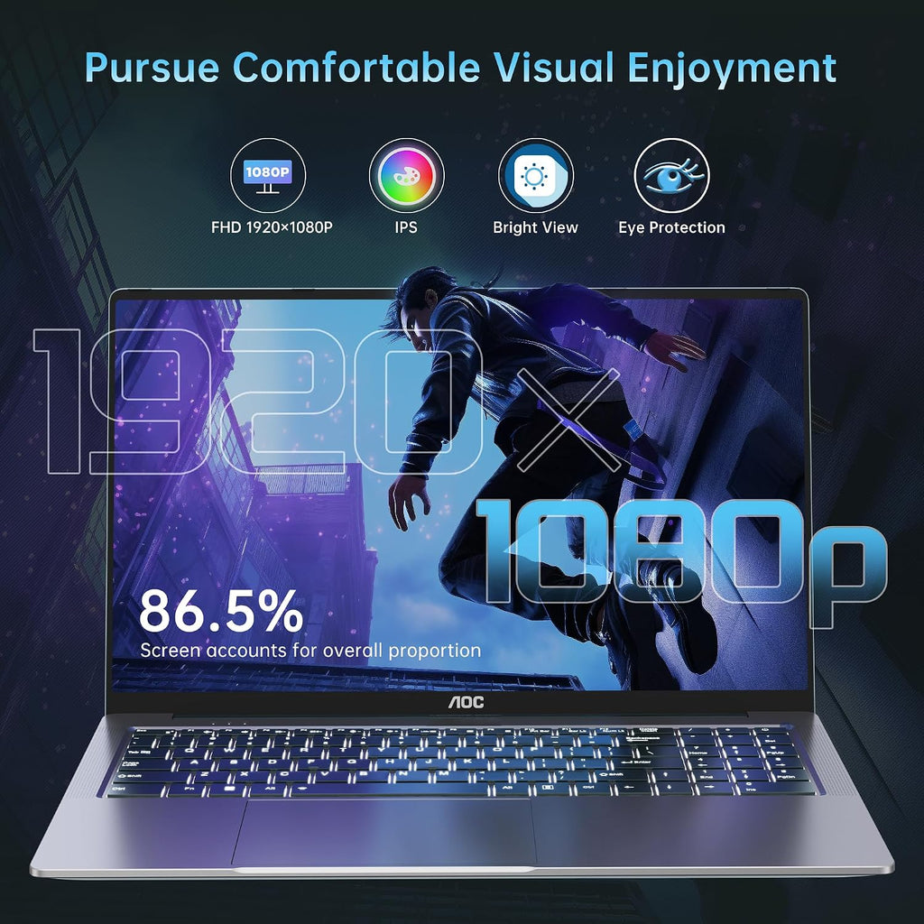 AOC 2025 Laptop with AMD Ryzen 7 5700U Processor(8C/16T, Up to 4.3GHz), 16.1 inch FHD Display Laptop 16GB RAM 512GB NVMe SSD Laptop Computer, USB3.2, Type-C, WiFi 6, 53Wh Battery, Backlit KB