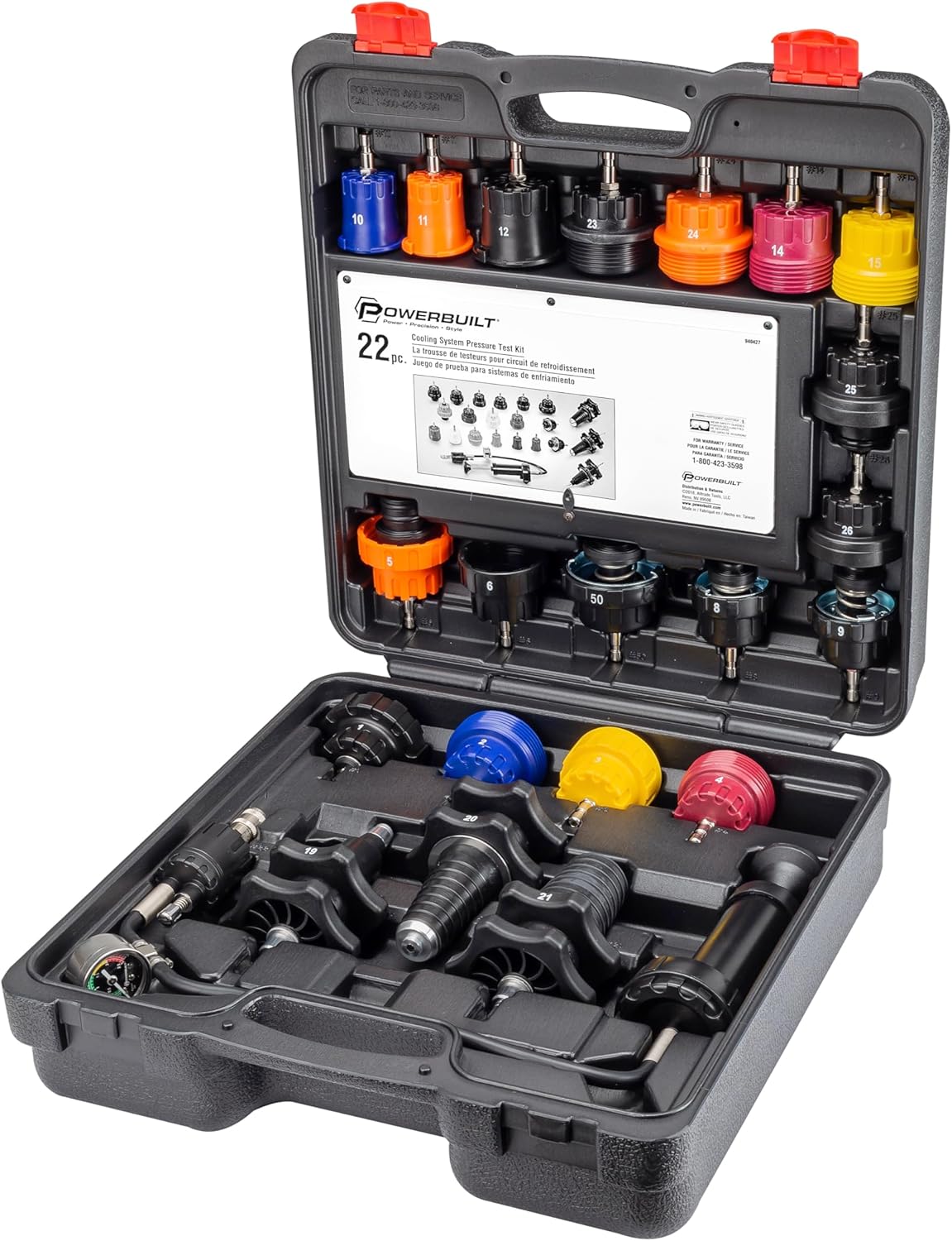Powerbuilt 22 Piece Cooling System Pressure Tool Kit, Service and Leak Detection for Cars and Trucks, Coolant Adapters, Storage Case 940427