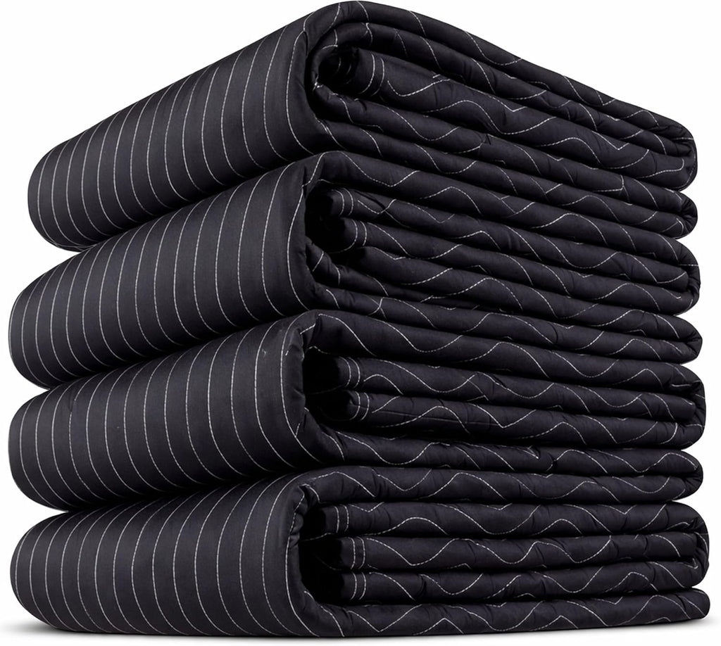 US Cargo Control Moving Blankets Heavy Duty 72'x80' 4-Pack (95 lbs/doz), Padded Furniture Blankets for Moving, Shipping, and Storage, Professional Quilted Furniture Pads, Tough Black Polyester