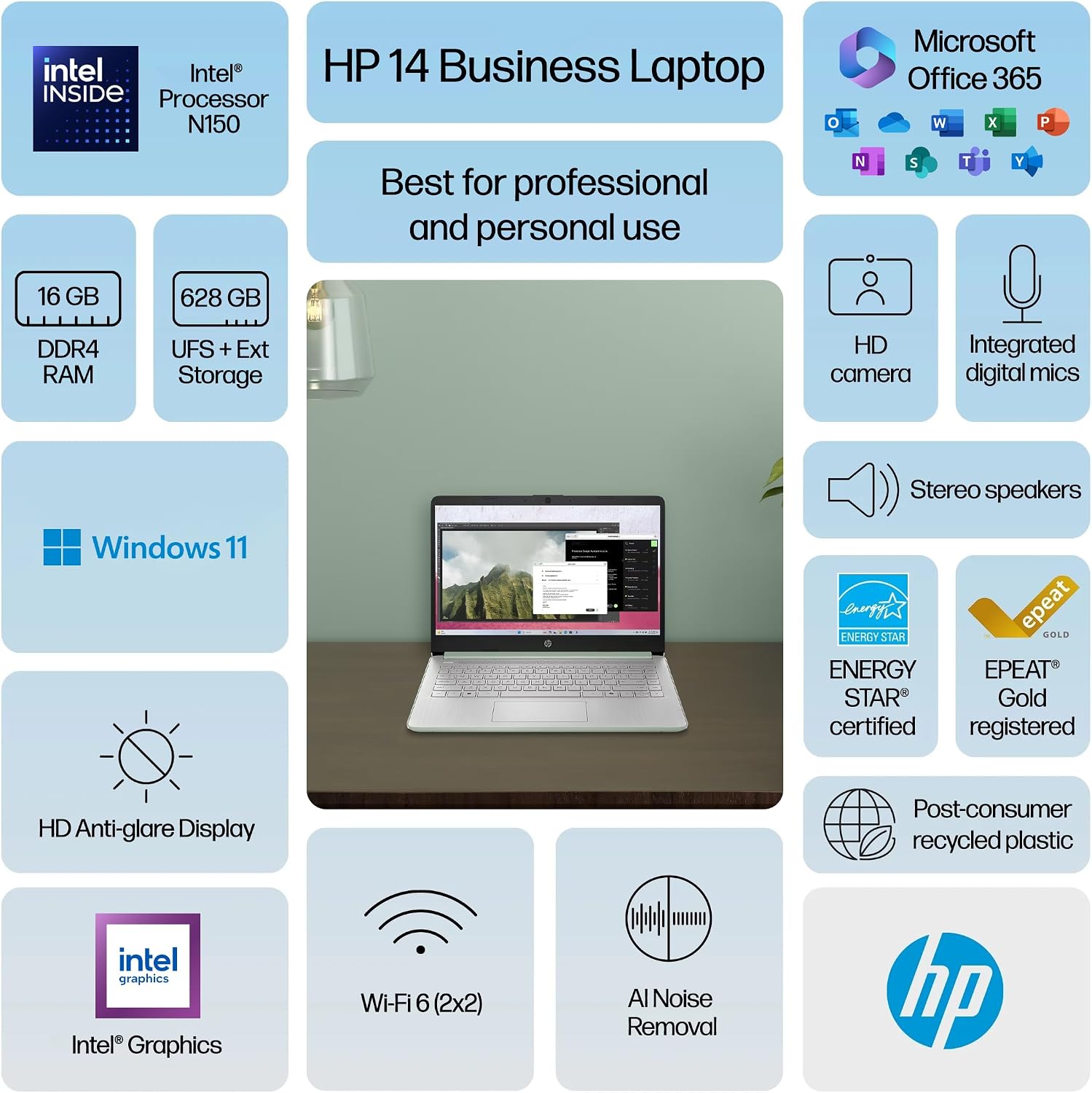 HP 14 Laptop Computer 2025 Ultra Light, AI Copilot Student Business, Quad-Core Intel, 16GB RAM, 628GB Storage (128GB UFS+ 500GB Ext), 1 Yr Office 365, 12 Hr Battery MarxsolAccessory Win 11S, Green
