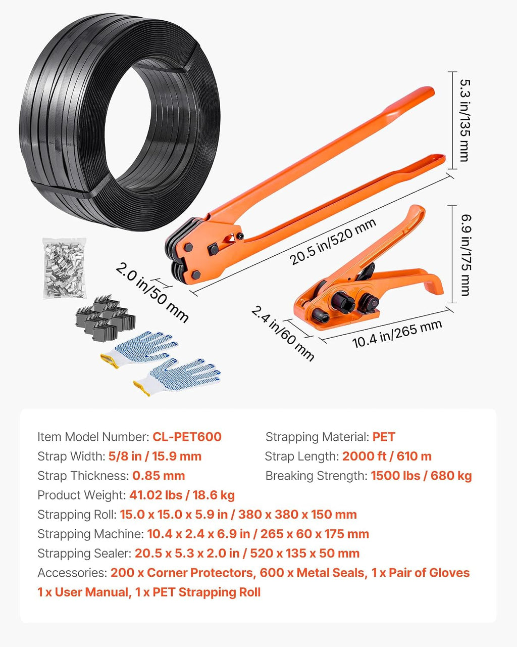 VEVOR Banding Strapping Kit, Heavy Duty Banding Sealer Tool with 2000 ft PET Band, 600 Metal Seals, 200 Corner Protectors, Plastic Pallet Packaging Strapping Kit for Warehouse, Transportation, Home