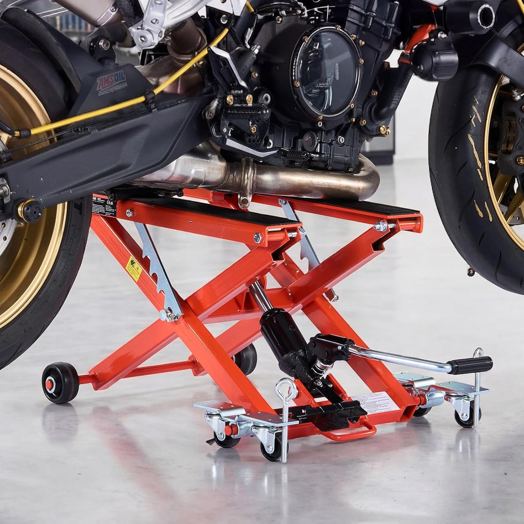 VEVOR Hydraulic Motorcycle Lift Jack, 1100 lbs Capacity, Scissor Lift Jack Portable Motorcycle Hoist Stand with 6 Wheels, 4.72'-15.15' Height Range, Hydraulic Foot-Operated Hoist Stand for Dirt Bikes